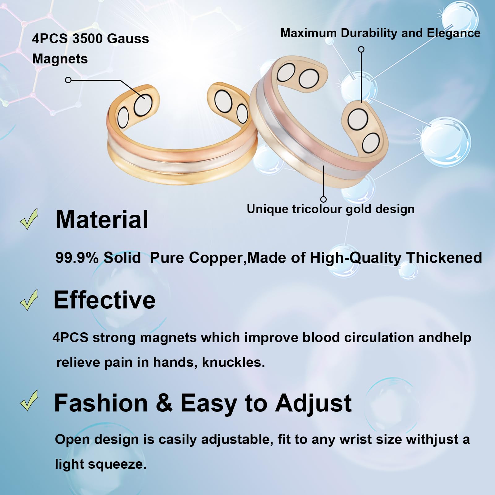 Copper Rings for Women for Arthritis and Joint,Pure Copper Adjustable Tricolour Gold Set Magnetic Therapy Ring,3500 Gauss Magnet