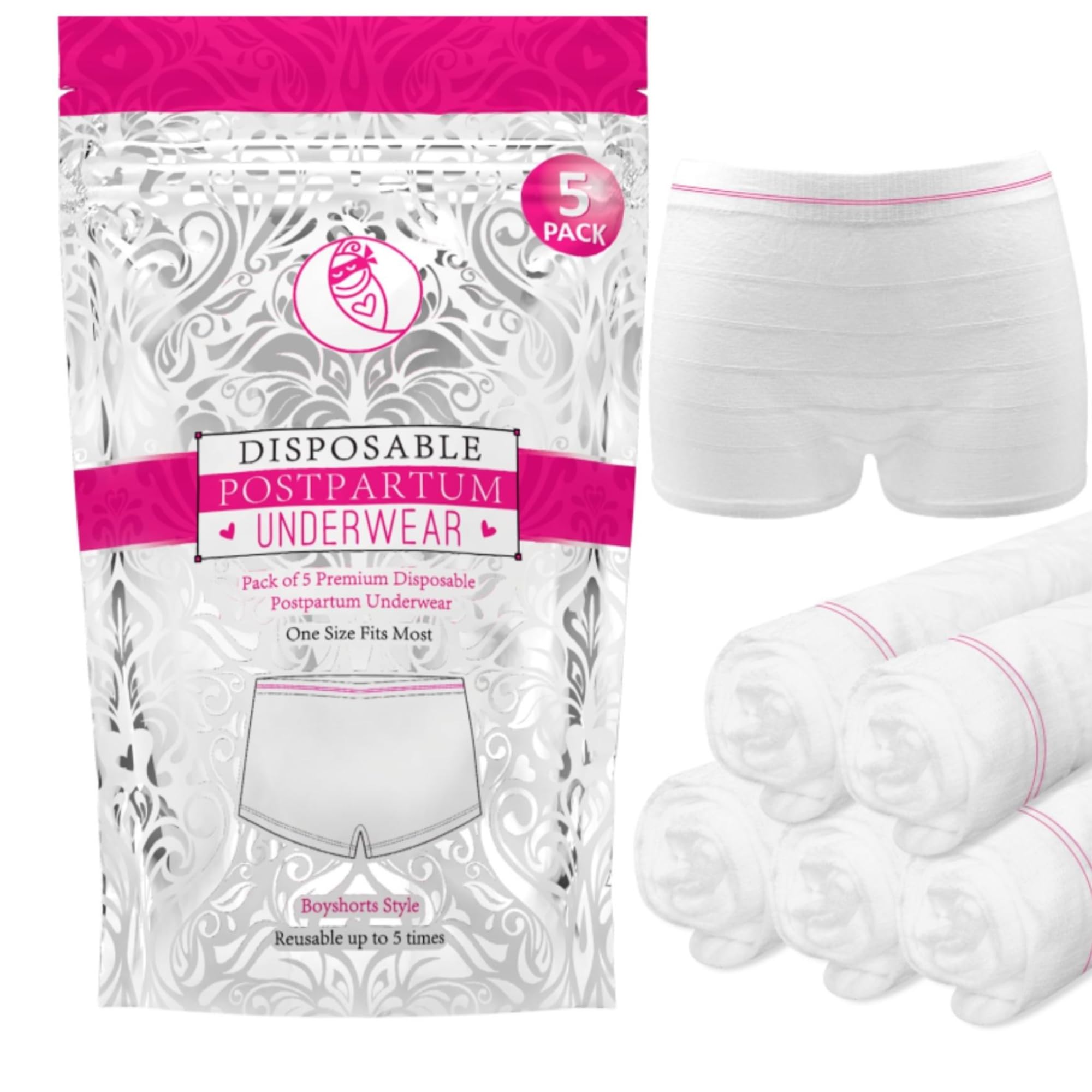 Ninja Mama Disposable Postpartum Underwear (Without Pad) with Storage Pouch. Washable Mesh Panties for Women (5 Count). Labor an