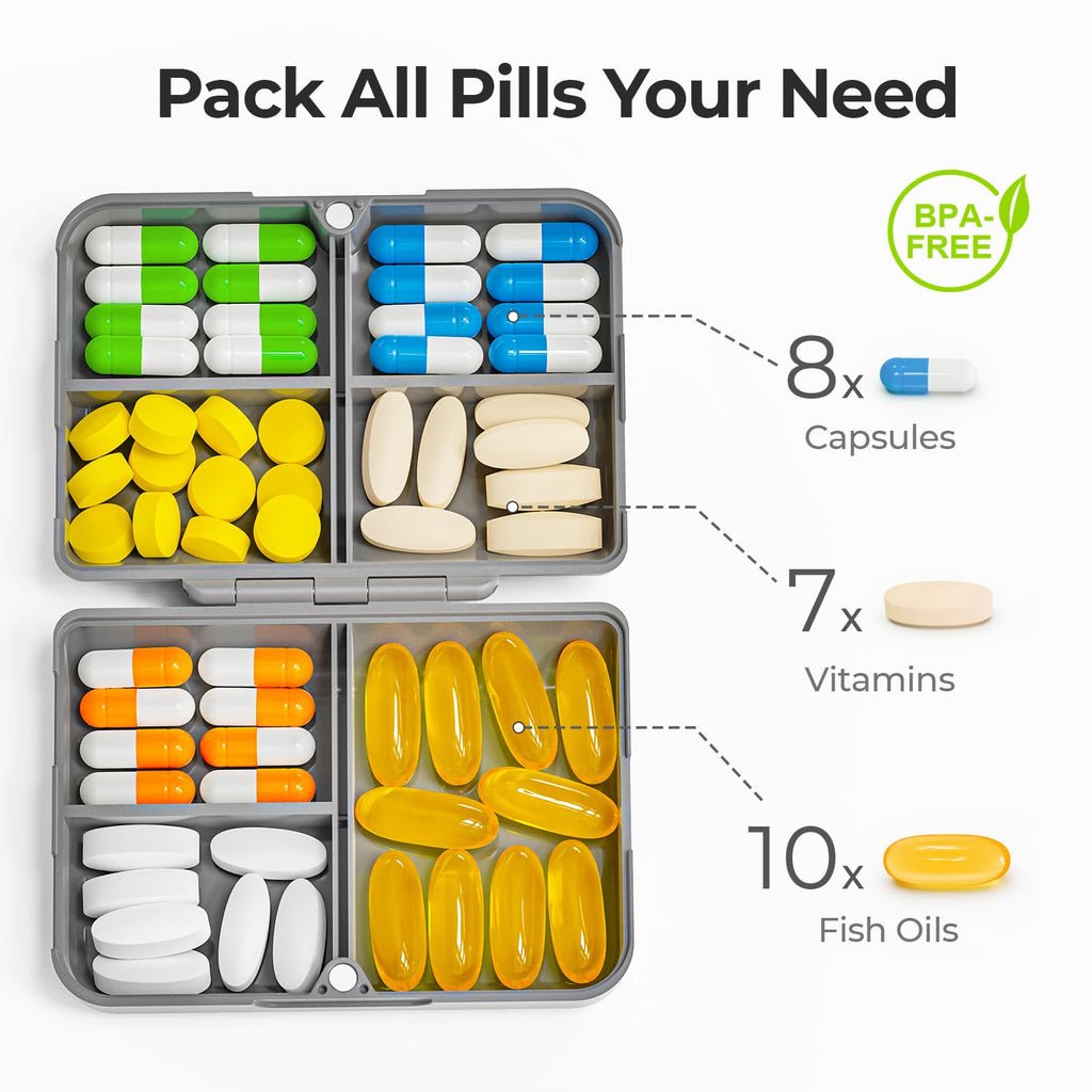 AUVON Travel Pill Organizer with Folding Design, 7 Compartments Daily Pill Case with Long-Lasting Hinges, Portable Pill Box for