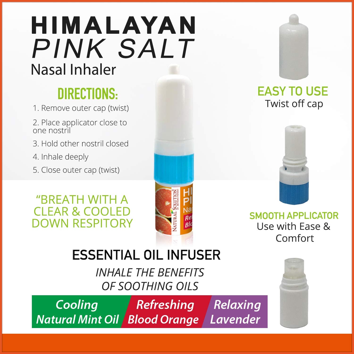 Natural Solution Himalayan Pink Salt Nasal Inhaler Aromatherapy with Natural Essential Oils, Cleans The Respiratory System, Reli
