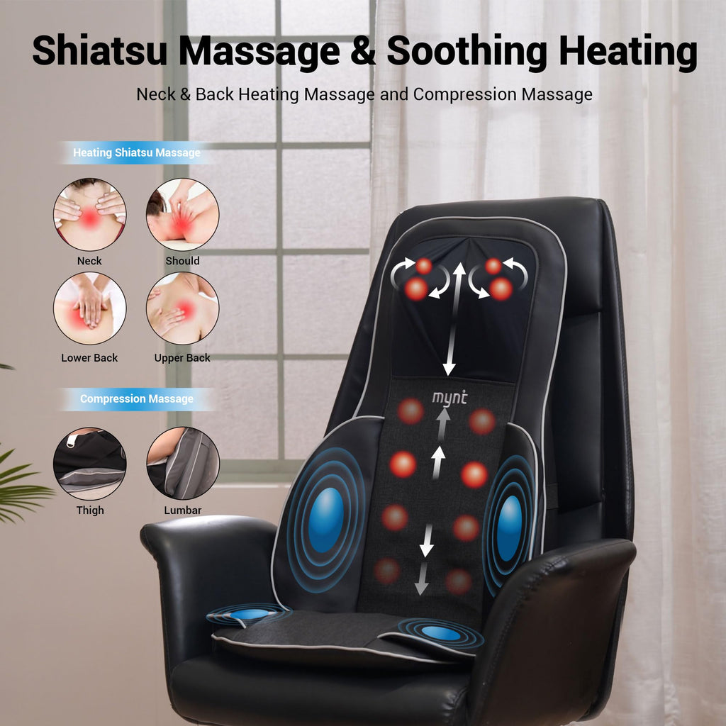 Mynt 3D Shiatsu Neck and Back Massager Cushion, Adjustable Compression Kneading Massage Chair Pad,Full Body Massager for Neck an