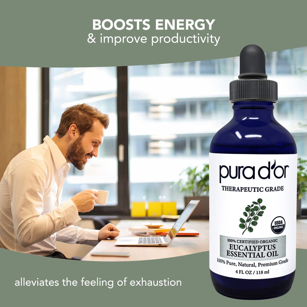 PURA DOR Organic Eucalyptus Essential Oil (4oz with Glass Dropper) 100% Pure & Natural Therapeutic Grade for Hair, Body, Skin,
