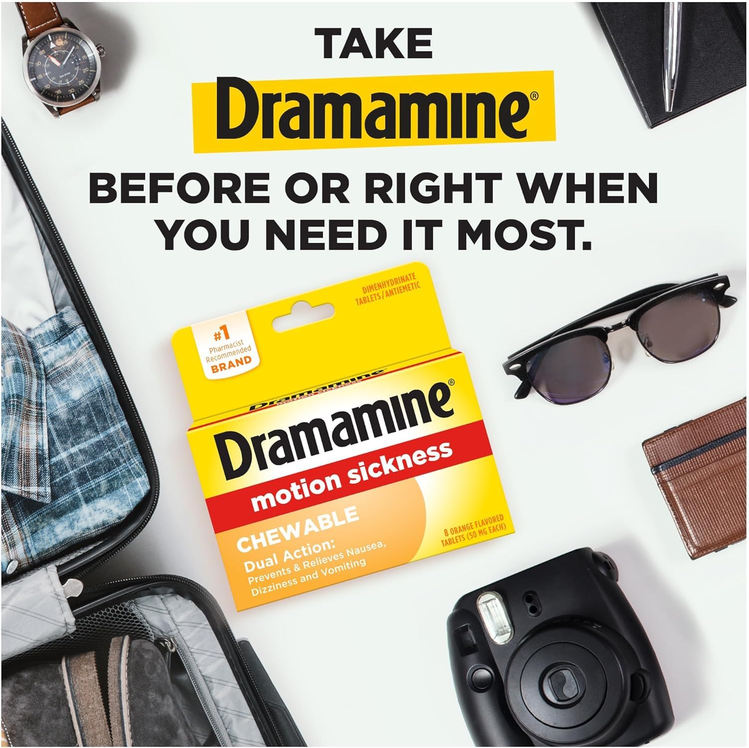 Dramamine Chewable Formula Motion Sickness Relief, 8 Orange Flavored Tablets each (Value Pack of 2)