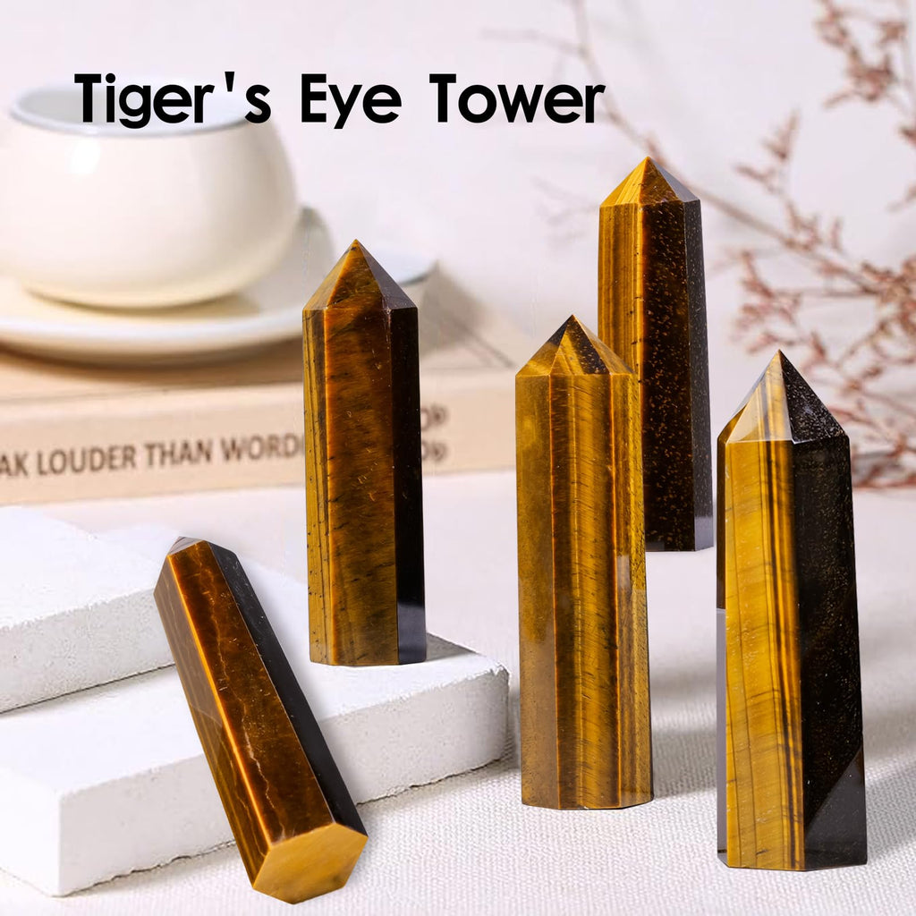 Runyangshi Tiger's Eye Natural Healing Crystal Wands Height 2.4-2.8, 6 Faceted Prism Wand Reiki Chakra Stone, Natural Quartz