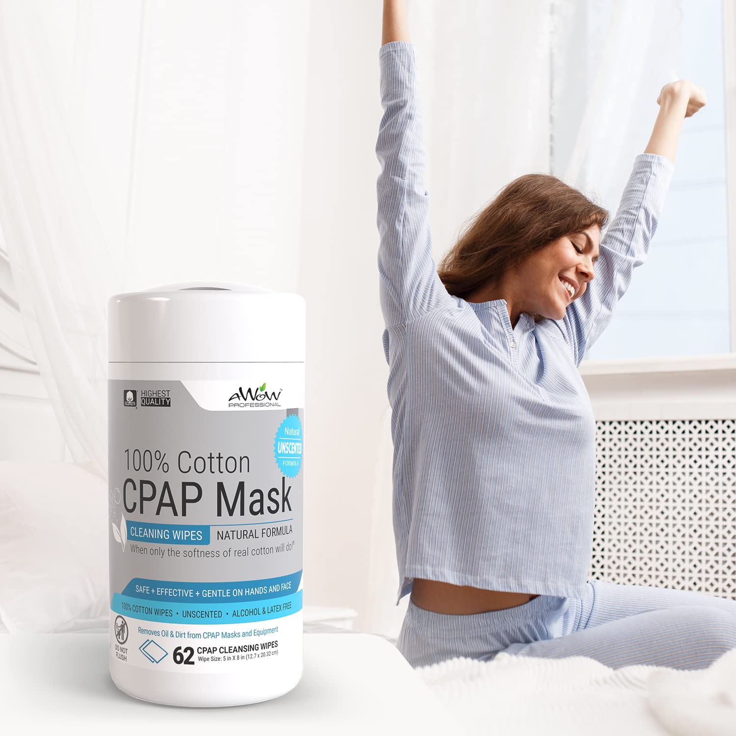 AWOW Professional CPAP Cleaning Wipes - Unscented 100% Cotton, Make CPAP Mask Cleaning Easy for Daily CPAP/BiPAP Mask Maintenanc
