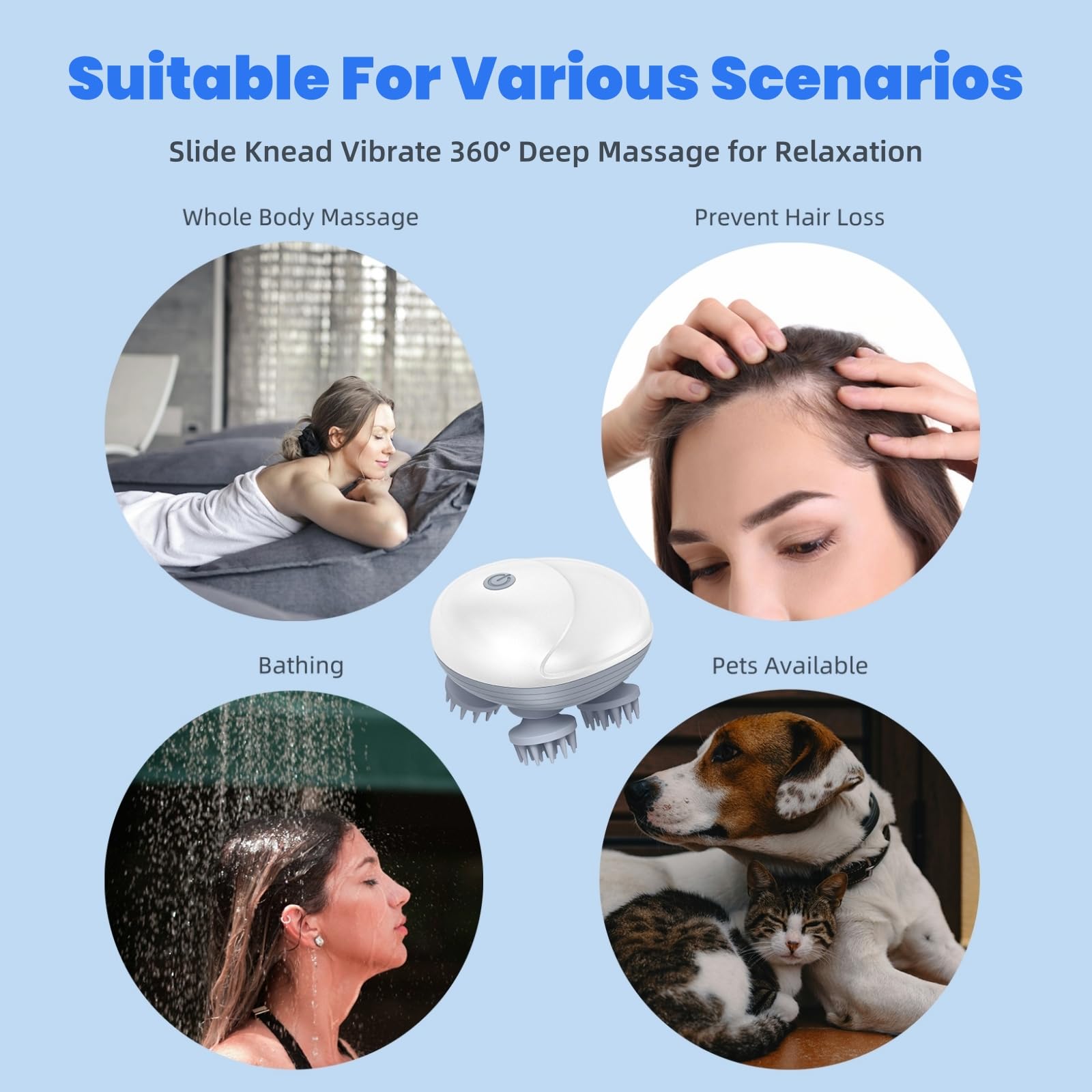 LeCoirrax Upgraded Electric Scalp Massager for Men Women, Handheld Cat Dog Pet Head Massager with 4 Massage Heads, 3 Speeds, Wat