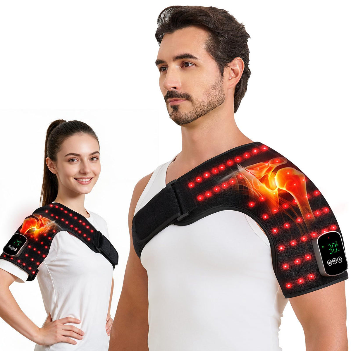 Cordless Red Light Therapy for Shoulder with Heat & Vibration Massage, 80 LEDs 660nm & 850nm Near Infrared Light Shoulder Wrap, 