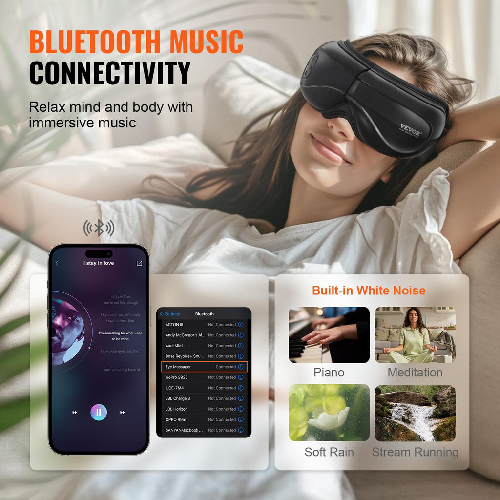 VEVOR Eye Massager with Heat, Heated Eye Massage Mask with 5 Modes and Bluetooth Music, 180 Foldable Eye Care Massager for Eye S