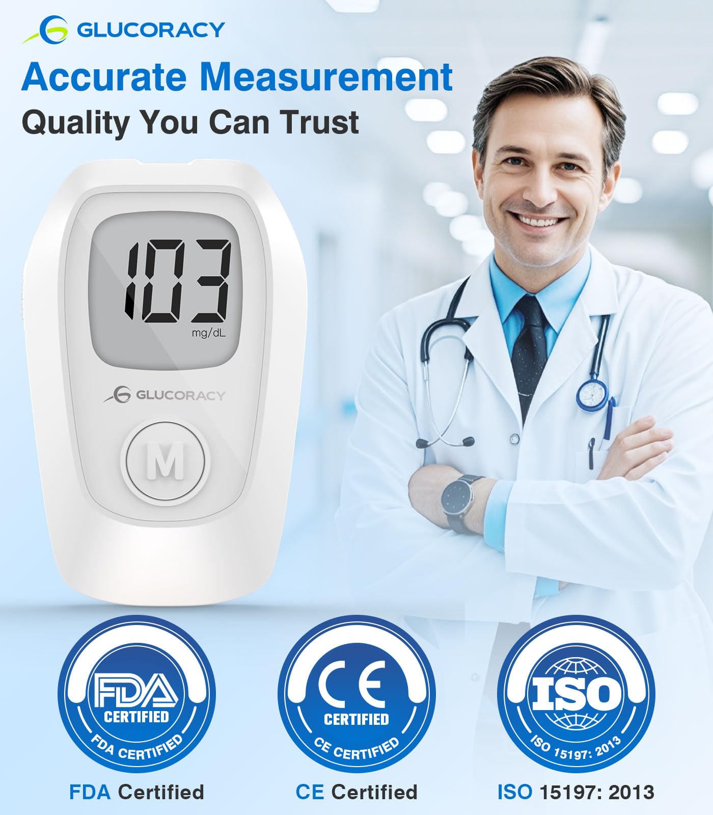 Glucoracy G-425 Blood Glucose Monitor Kit, Blood Sugar Test Kit with Lancing Device, 50 Test Strips and 50 Lancets, Glucose Mete