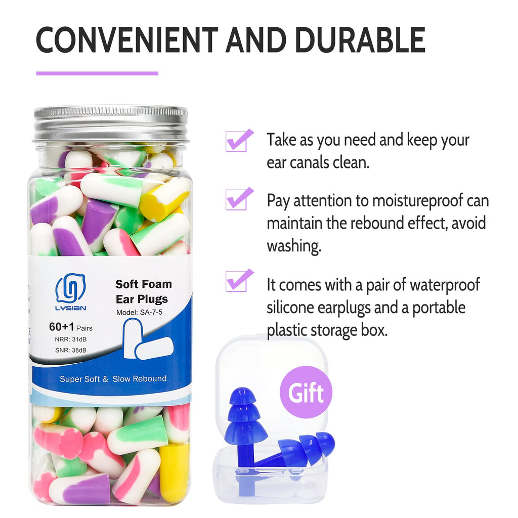 LYSIAN Ultra Soft Foam Earplugs for Sleep- Noise Cancelling Ear Plugs for Sleeping, Shooting,Snoring, Mowing Sound Reduction 38d