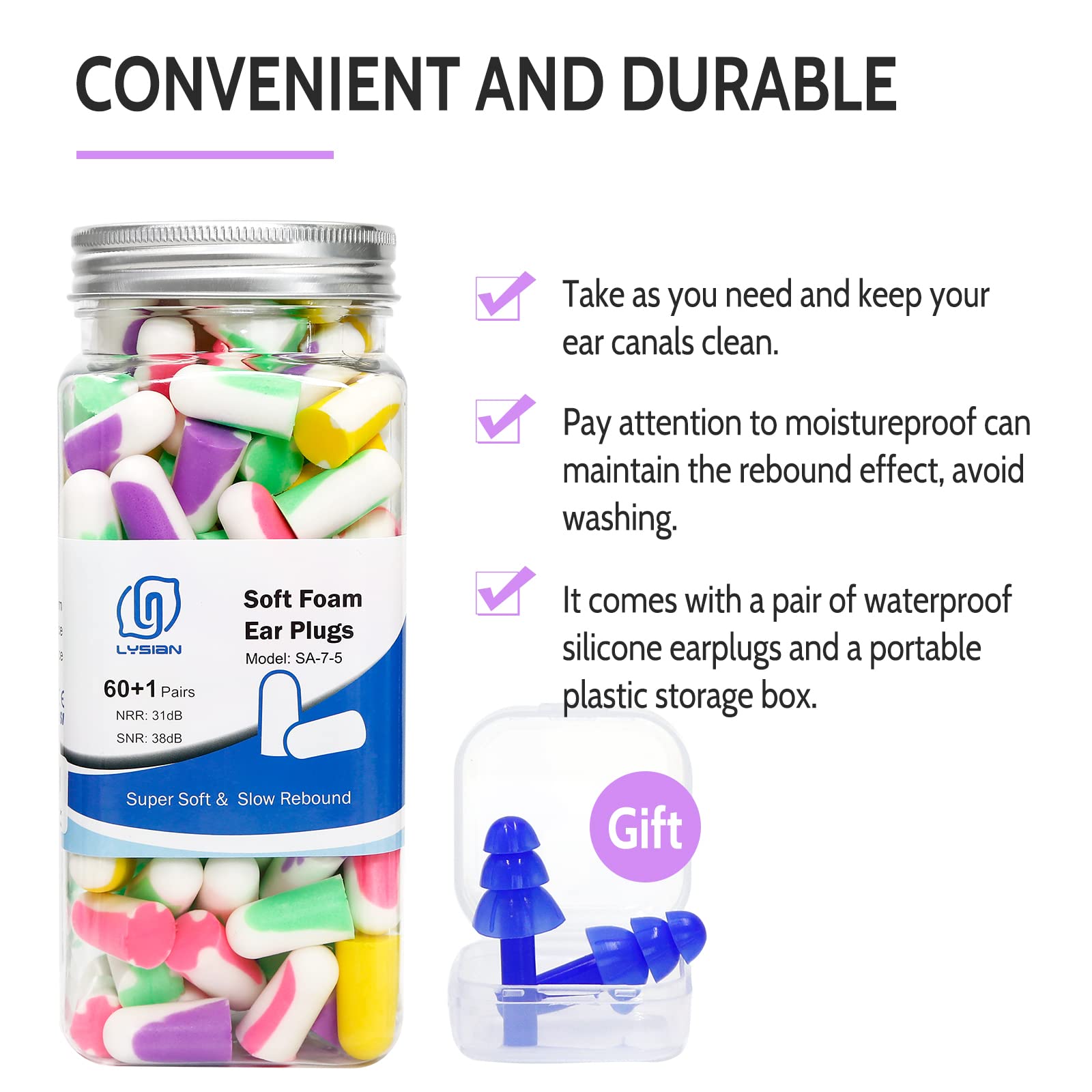 LYSIAN Ultra Soft Foam Earplugs for Sleep- Noise Cancelling Ear Plugs for Sleeping, Shooting,Snoring, Mowing Sound Reduction 38d