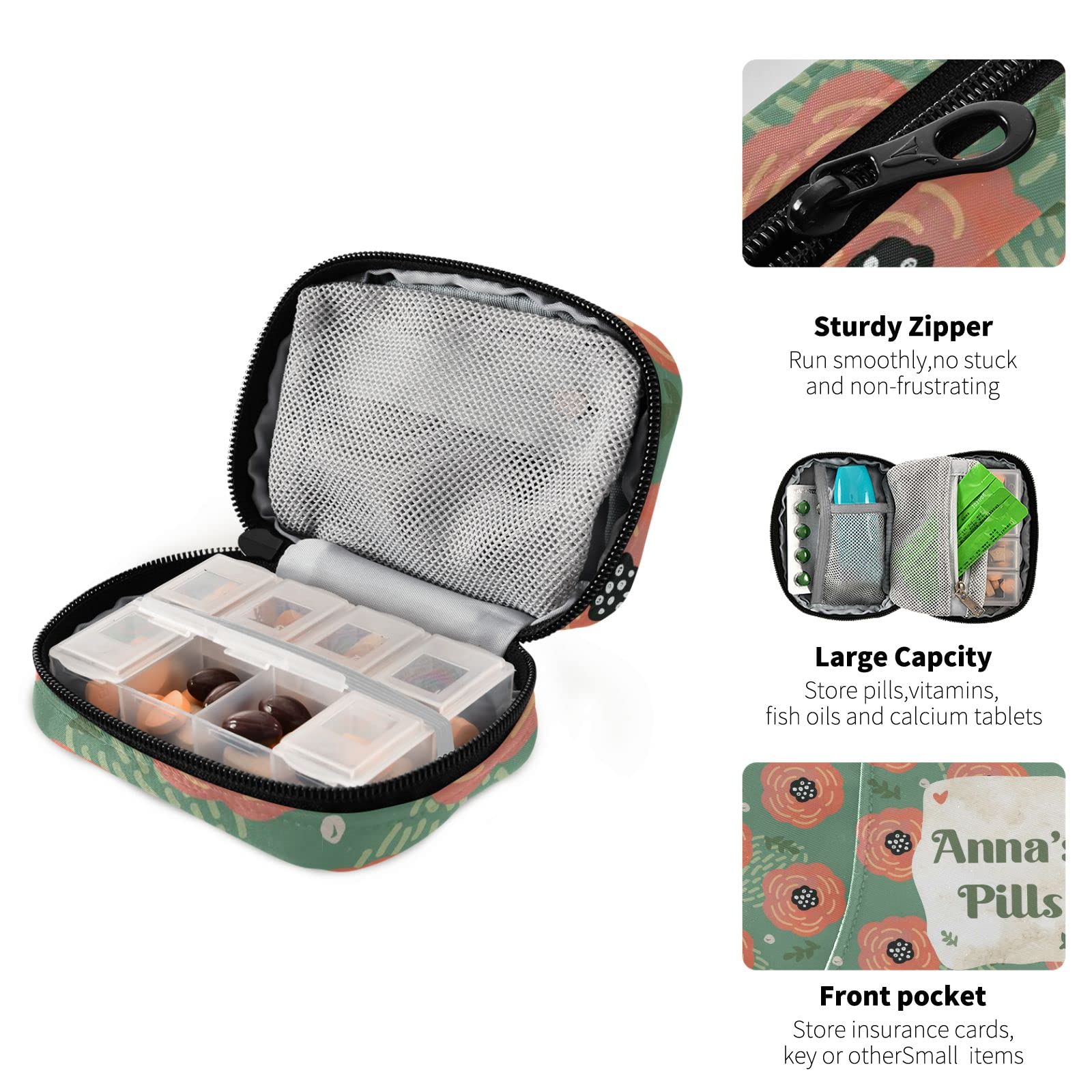 Custom Pill Box 7 Day Pill Case Bag Vintage Poppies Floral Personalized Name Travel Pill Organizer Bag with Zipper Portable Week