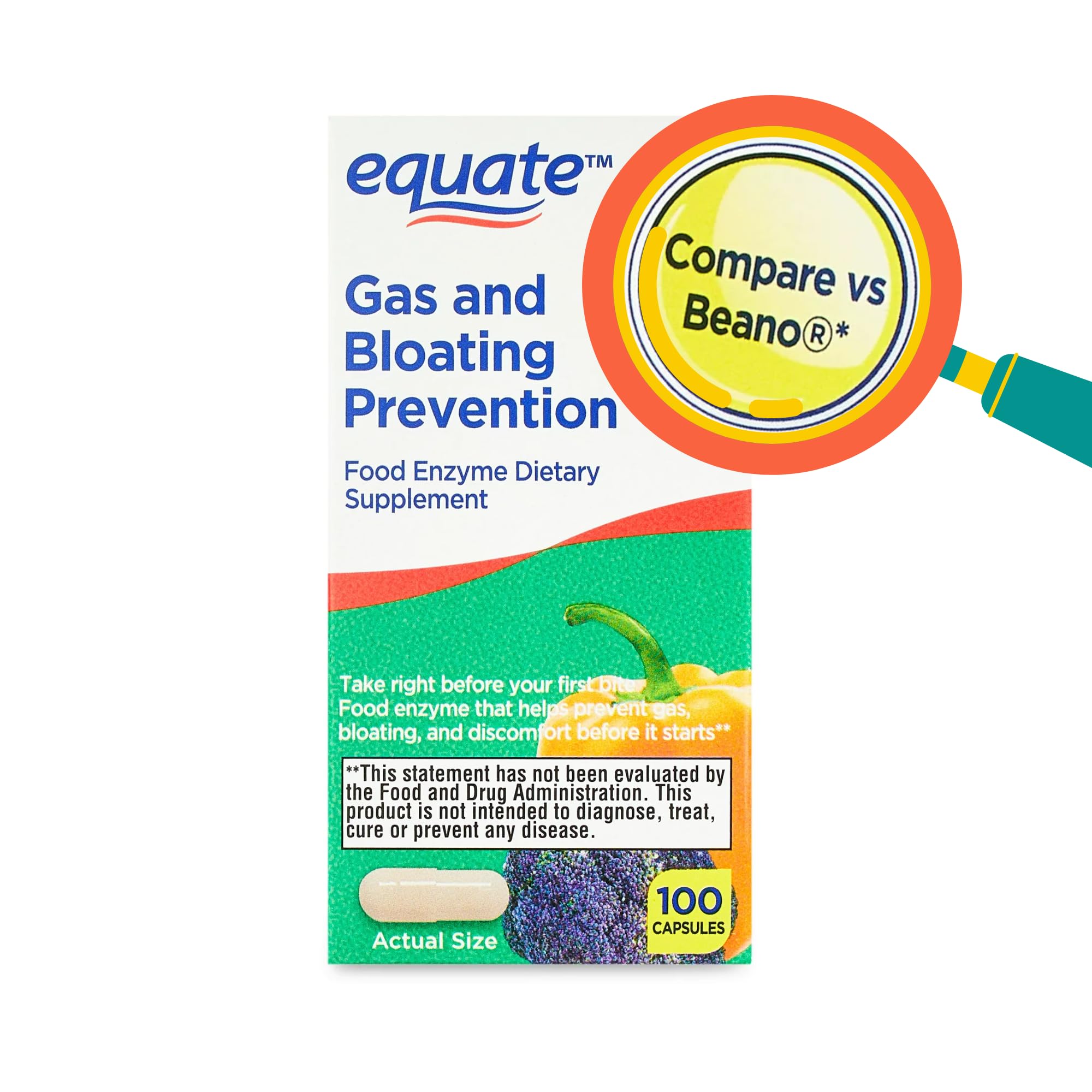 Equate Gas and Bloating Relief Prevention, Food Enzyme Dietary Supplement Capsules 100 Count (Pack of 1)