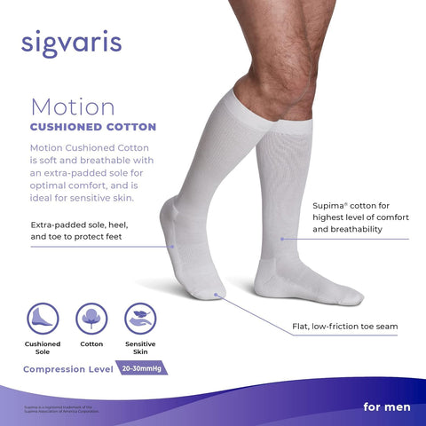SIGVARIS Mens Motion Cushioned Cotton 360 Closed Toe Calf-High Socks 20-30mmHg - Black - Extra Large Long