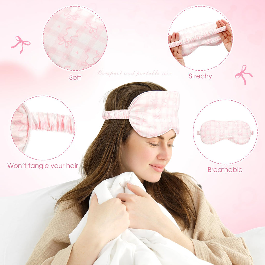 Honeydak 12 Pcs Silk Sleep Masks for Women Girls Pink Bow Party Favors Adjustable Eye Masks for Birthday Sleepover Spa Sweet 16