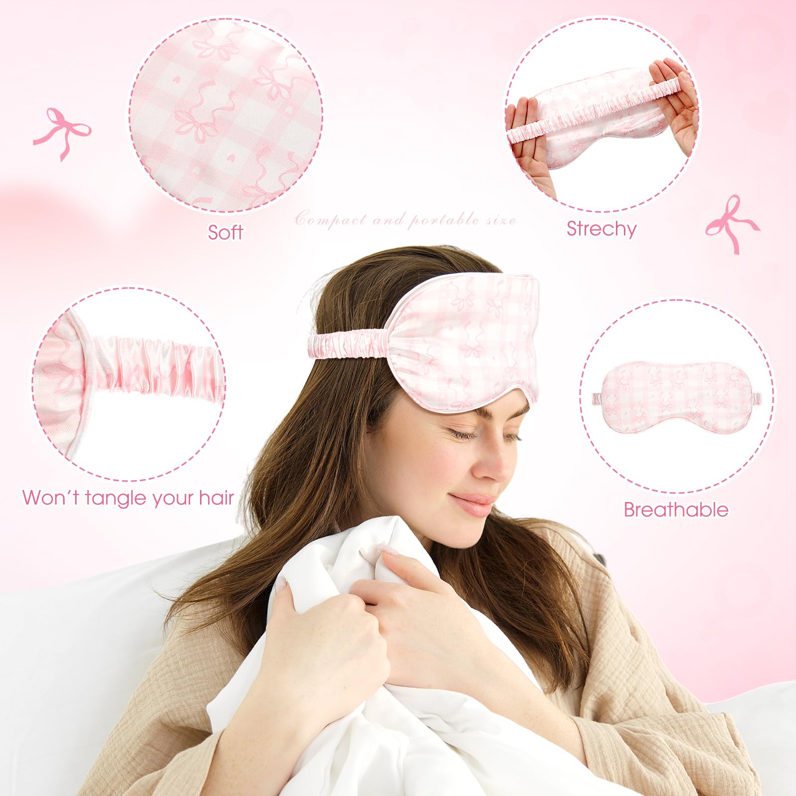 Honeydak 12 Pcs Silk Sleep Masks for Women Girls Pink Bow Party Favors Adjustable Eye Masks for Birthday Sleepover Spa Sweet 16