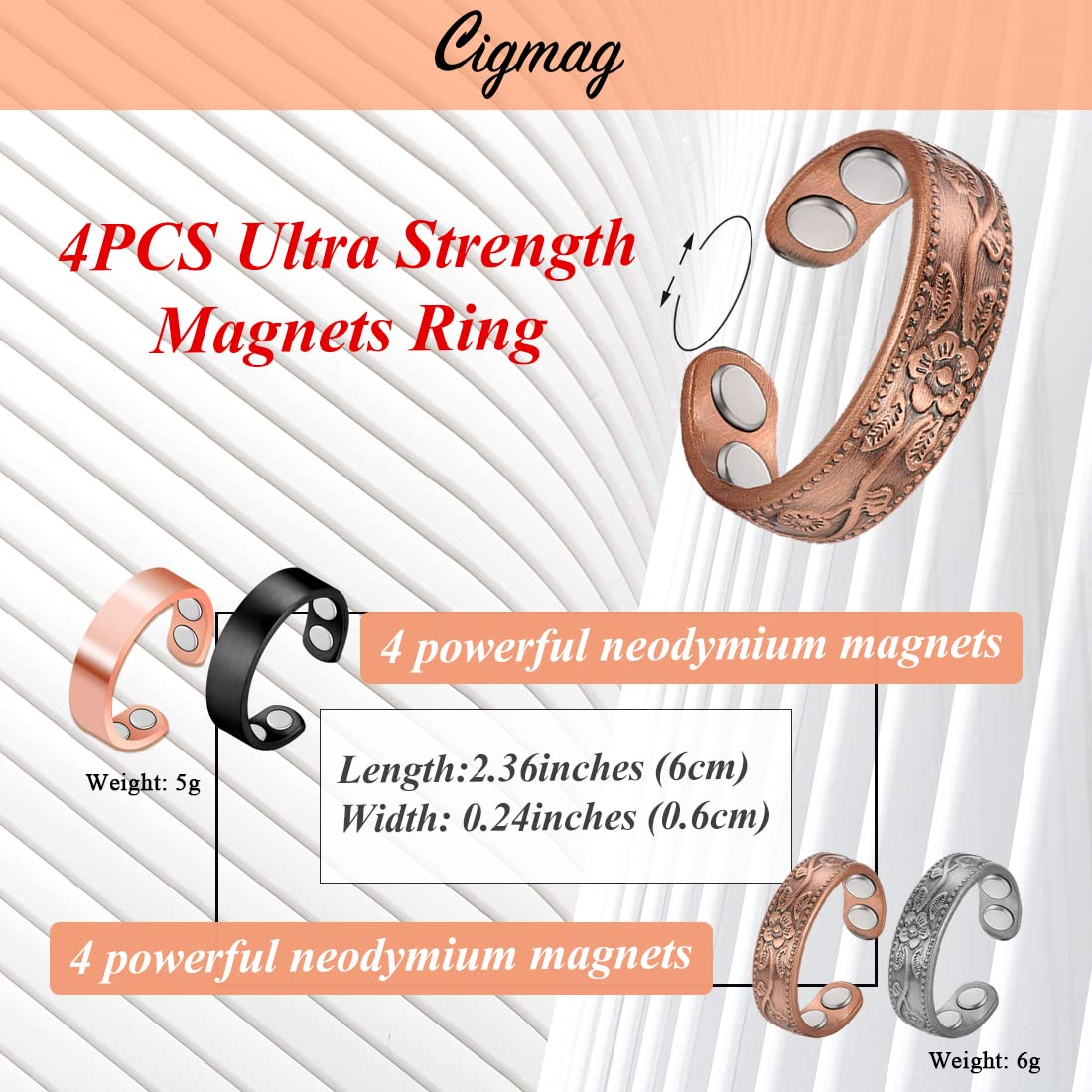 Cigmag 4PCS Copper Rings for Women, 99.99% Pure Copper Magnetic Ring Strong Magnets, Adjustable Thumb Finger Ring with Jewelry G