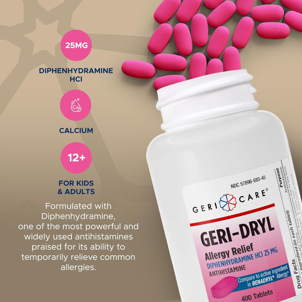 Geri-Dryl Allergy Relief Tablets (400 Count) by GeriCare| Diphenhydramine HCI 25mg Antihistamine Tablets for Sneezing, Runny Nos
