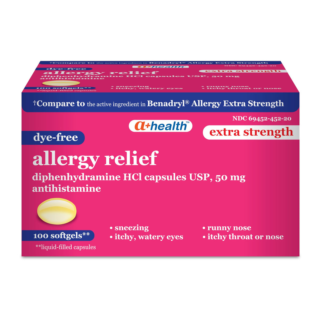 A+Health Extra Strength Allergy Relief Dye-Free Medicine, Diphenhydramine 50mg Softgels, Maximum Strength, 100 Count