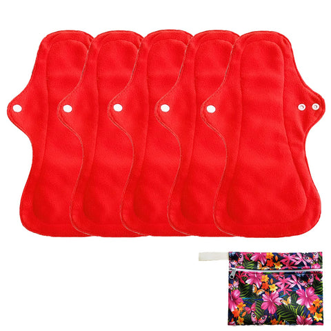 6Pcs Resuable Waterproof Menstrual Pad Sets Including 1Pc Mini Wet Bag and 5Pcs Heavy Flow Red Color Microfleece Stay Dry Menstr