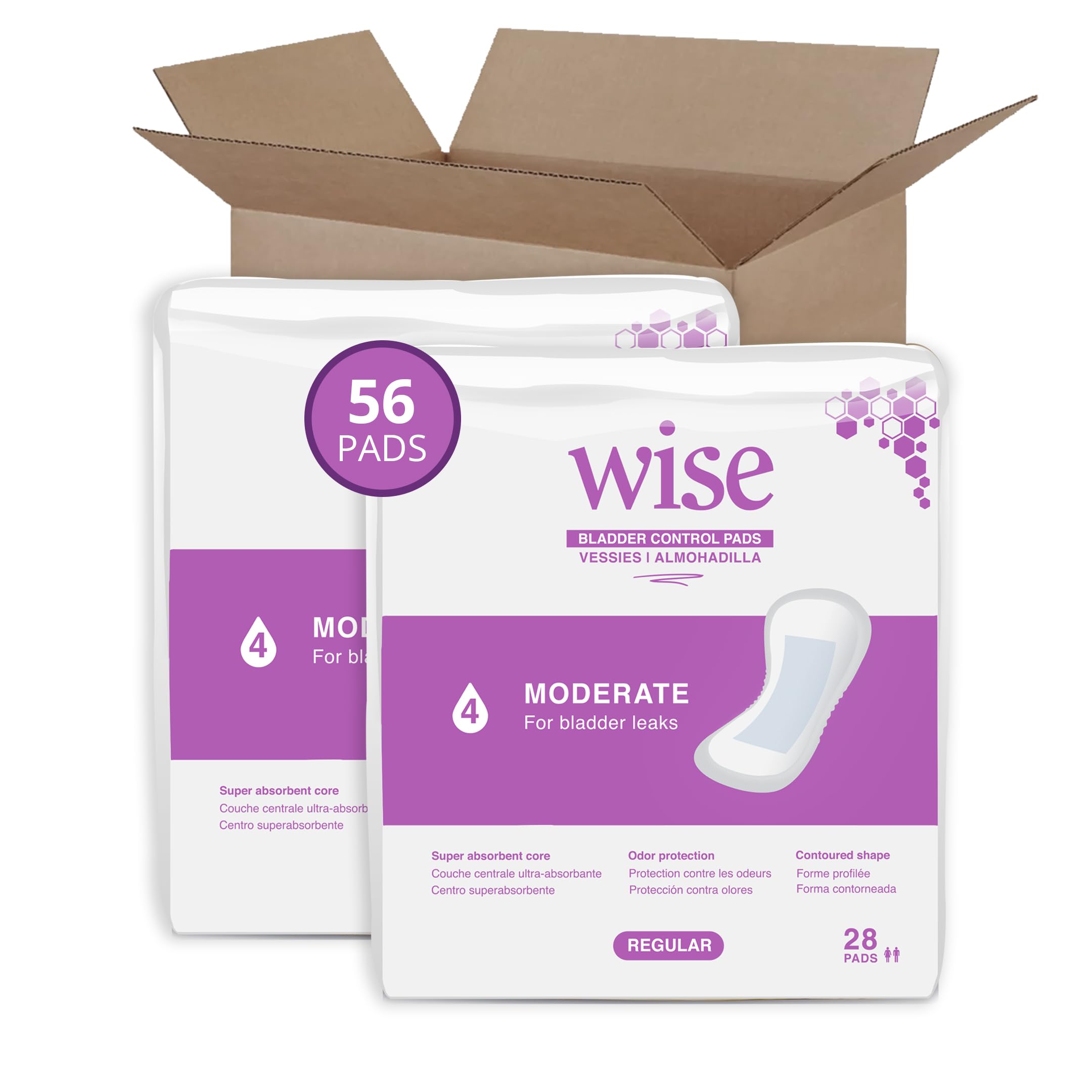 Wise Incontinence Pads for Women Moderate Absorbency, Bladder Leakage & Odor Control Liner Pad, Regular Length, 56 Counts (2 Pac