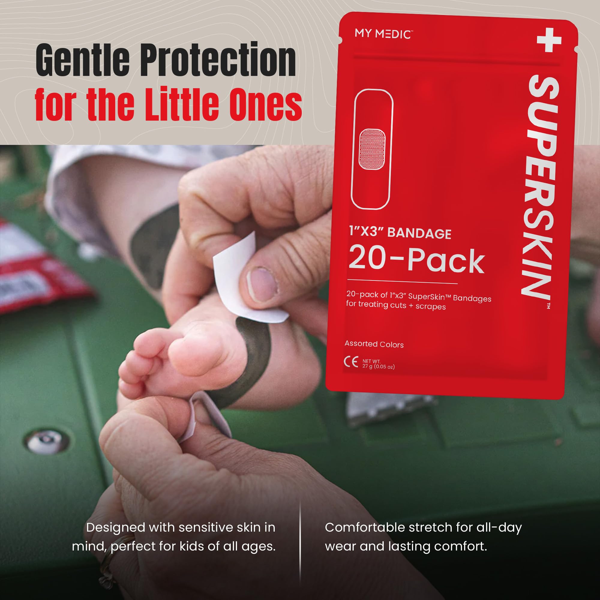 My Medic SuperSkin Bandages, 20-Pack Adhesive Bandages with Soothing Aloe, Latex-Free, 5X Stronger, 1 x 3 Flexible Fabric Bandag