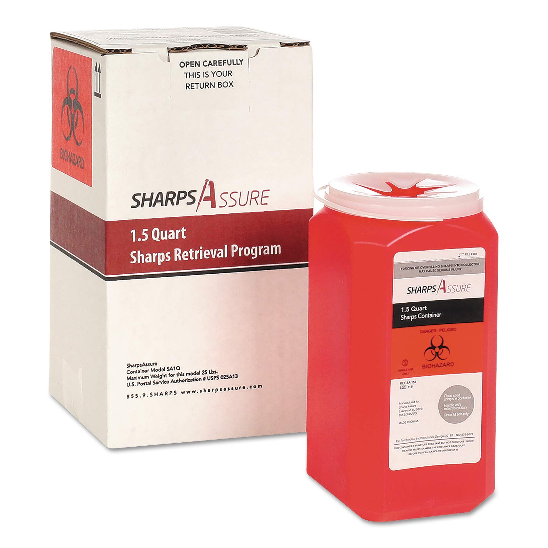 Sharps Assure Sharps Retrieval Program Containers, 1.5 Qt, Plastic, Red