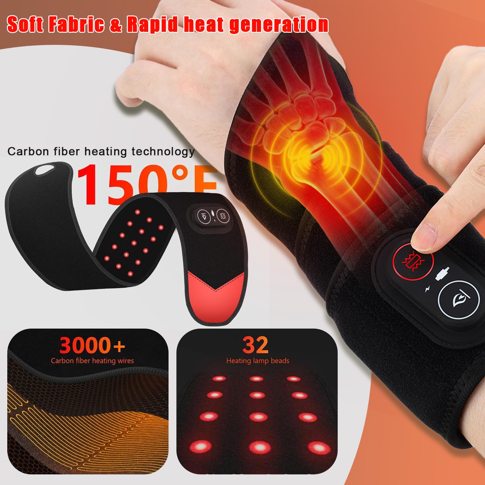 Red Light Therapy Wrist Heating Pad, 36 LED Beads & 3000mAh Battery, Cordless Rechargeable Heated Wrist Wrap with Vibration, 3 H
