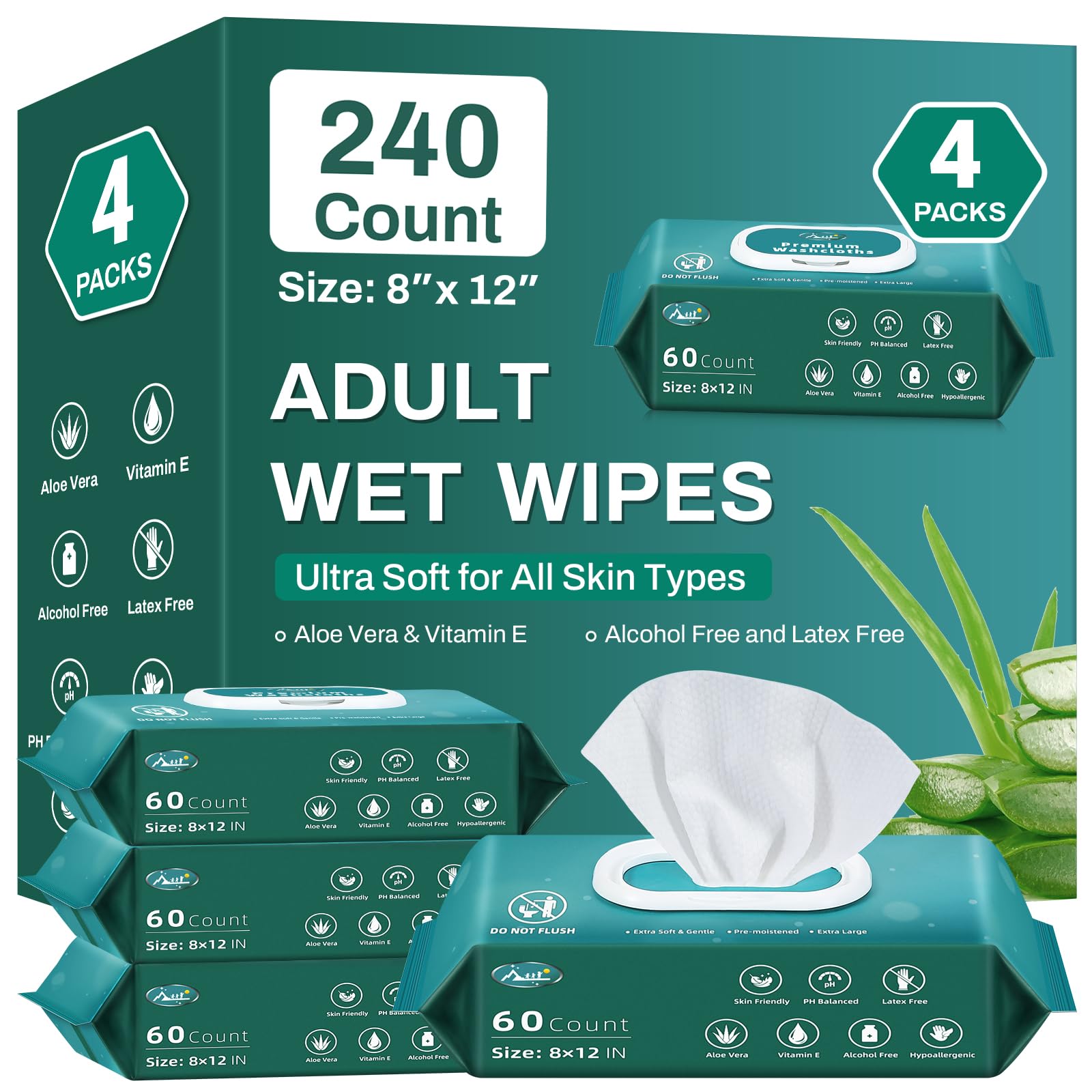 [240 Count] Adult Wipes for Elderly, 8 x 12 Extra Large Adult Wipes for Incontinence & Cleansing - Disposable Washcloth for Elde