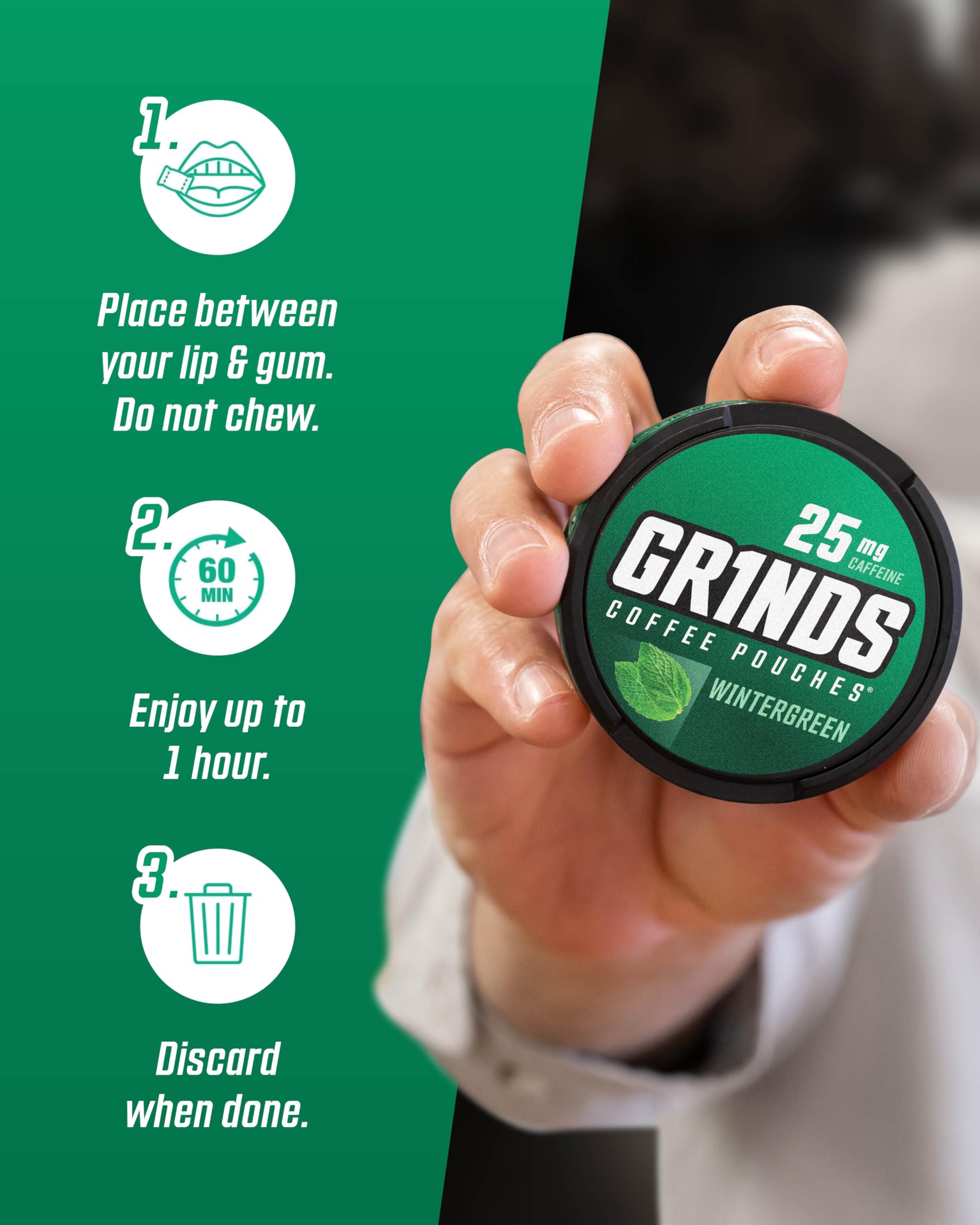 Grinds Coffee Pouches | Tobacco Free, Nicotine Free Healthy Alternative | 6 Cans of Wintergreen | 18 Pouches Per Can | 1 Pouch e