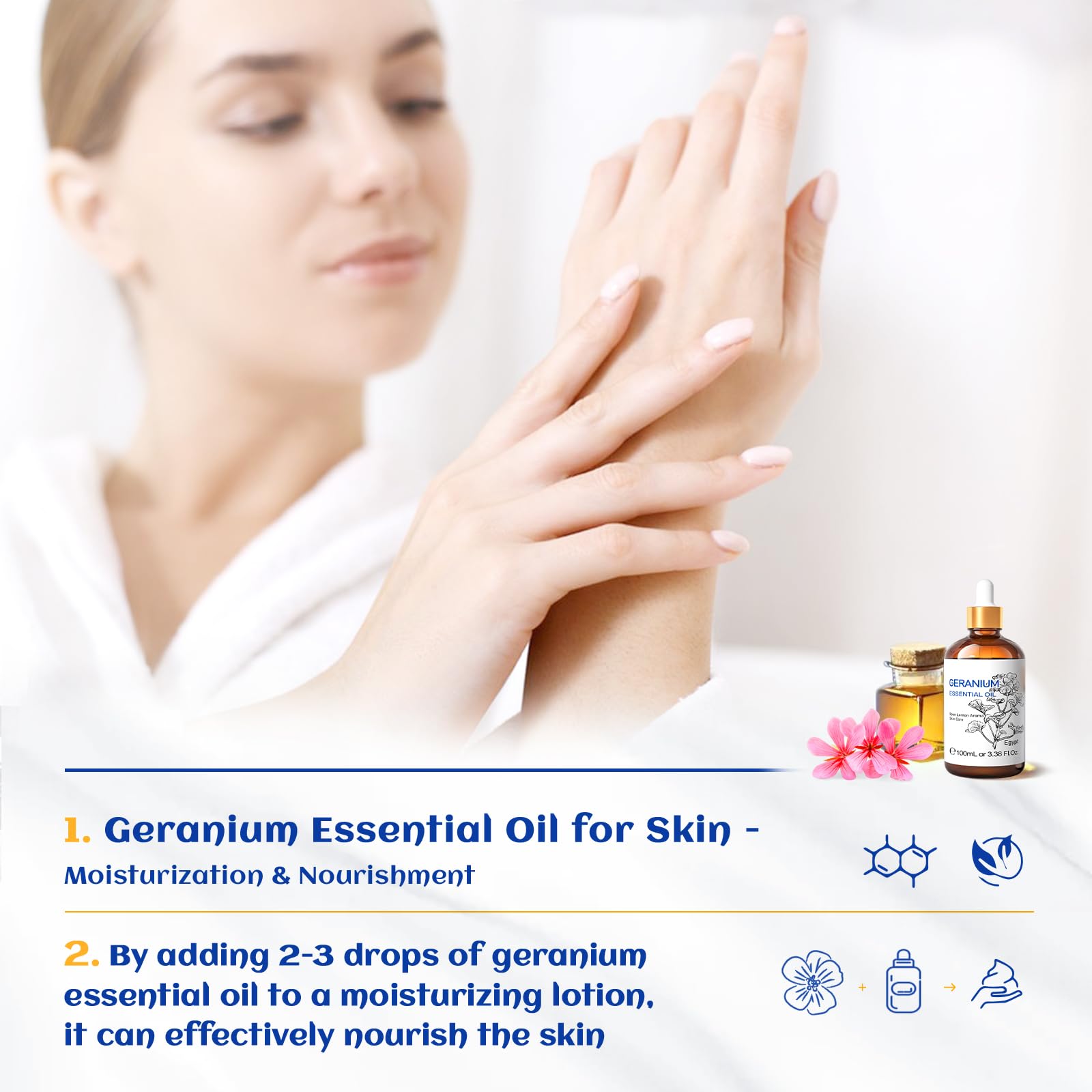 HIQILI 100ML Geranium Essential Oil for Skin, Diffuser & Candle, 100% Pure and Natural - 3.38 Fl. Oz