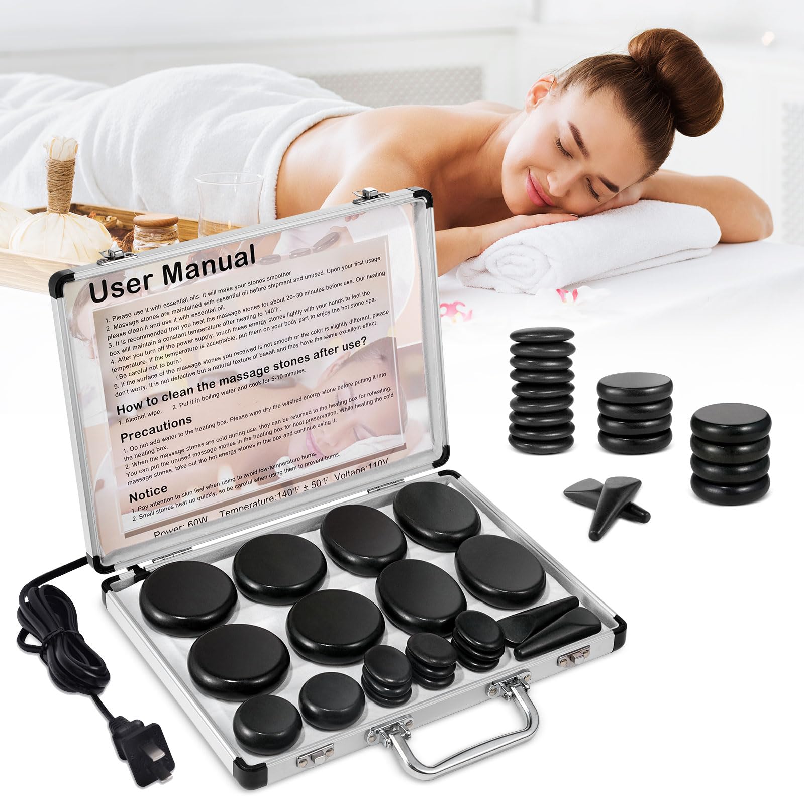 Primachen Hot Stones Massage Warmer Kit, 21 Pcs Hot Stones Massage Set, Hot Rocks Basalt Massage Stones for Home Spa Warming The