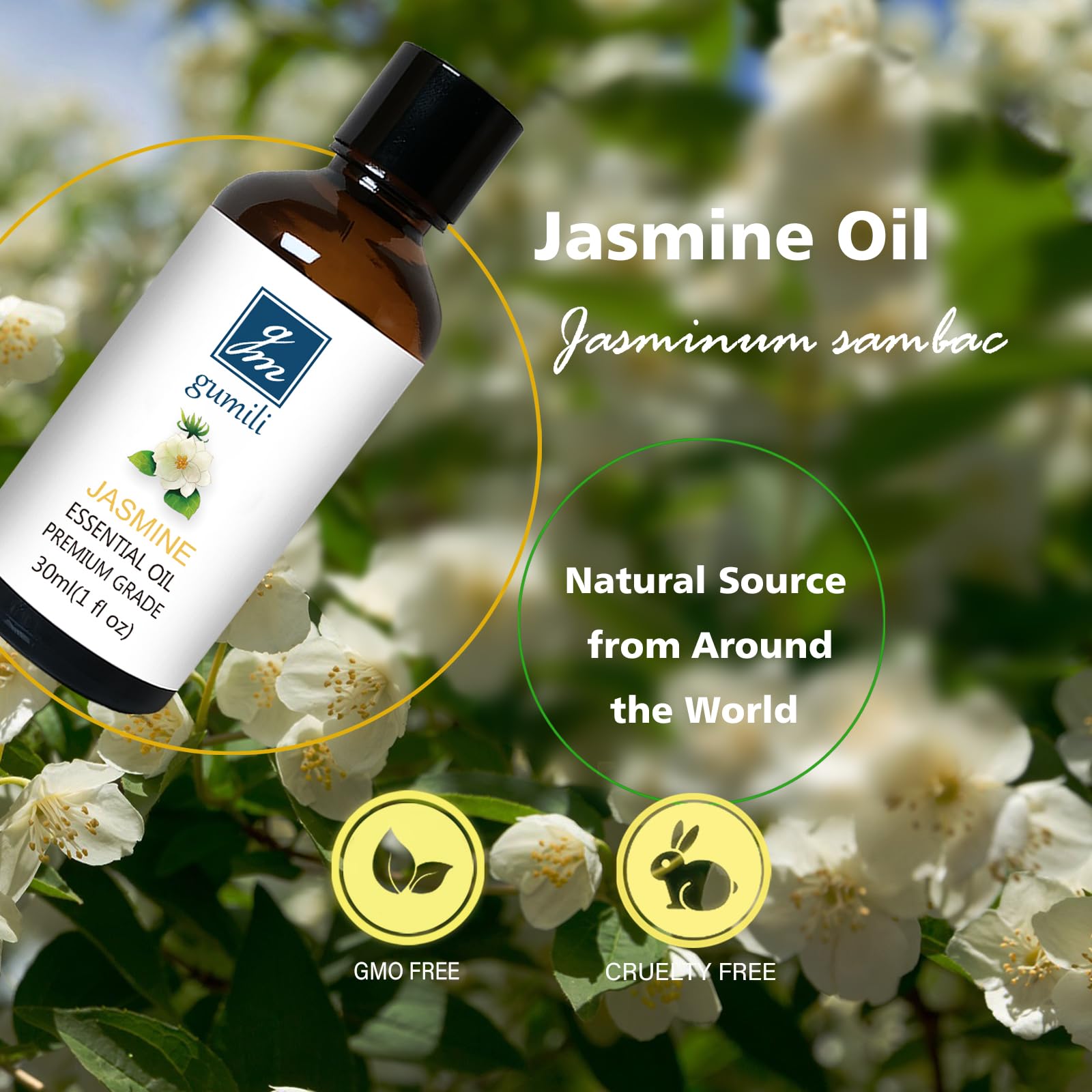 GM Gumili Jasmine Essential Oil, Fragrance Oil Scent Oil for Soap, Dryer Balls, Diffusers, Laundry, Bath Salts - 1 oz/30ml