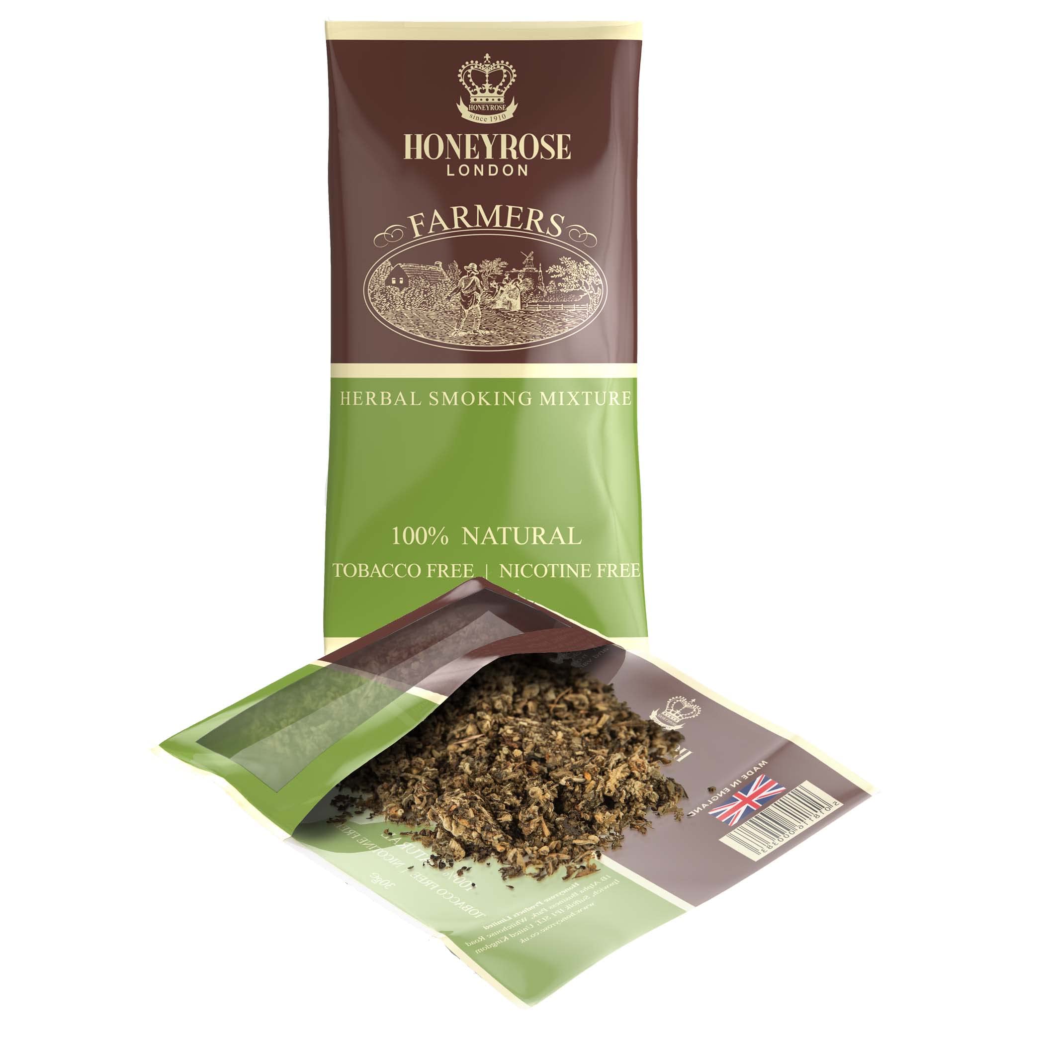 Honeyrose Farmers - Tobacco & Nicotine FREE Smoking Mixture, 1 pouch/30gr/1oz, Made in England