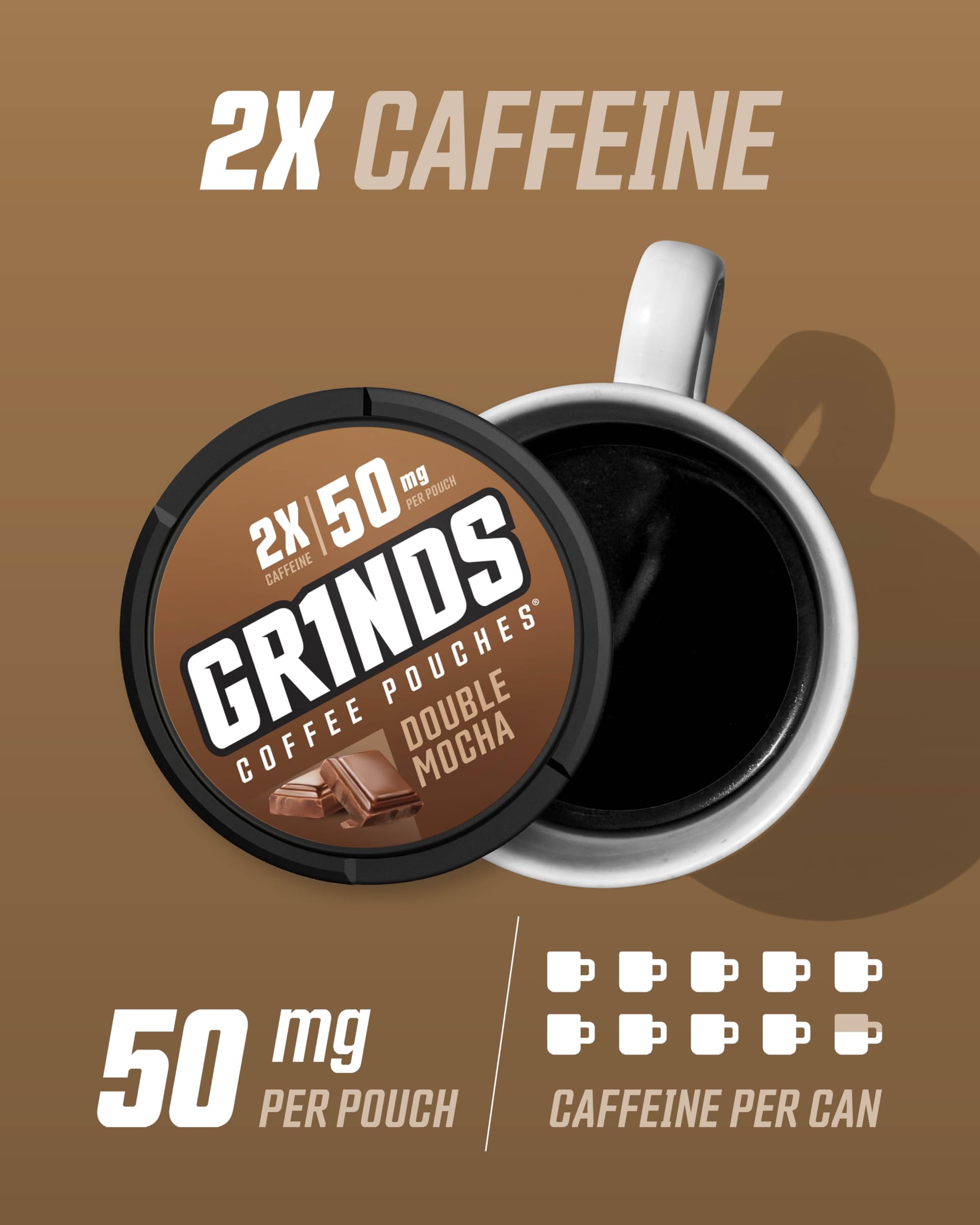 Grinds Coffee Pouches | Tobacco Free, Nicotine Free Healthy Alternative | 6 Cans of Double Mocha | 18 Pouches Per Can | 1 Pouch