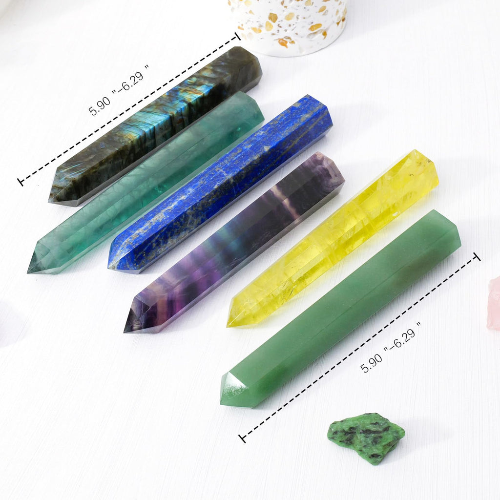 Apengshi 1PCS Natural Crystal Green Fluorite Tower 5.9-6.3 (15-16cm) 6 Faceted Single Point Prism Healing Crystal Wand for Medit