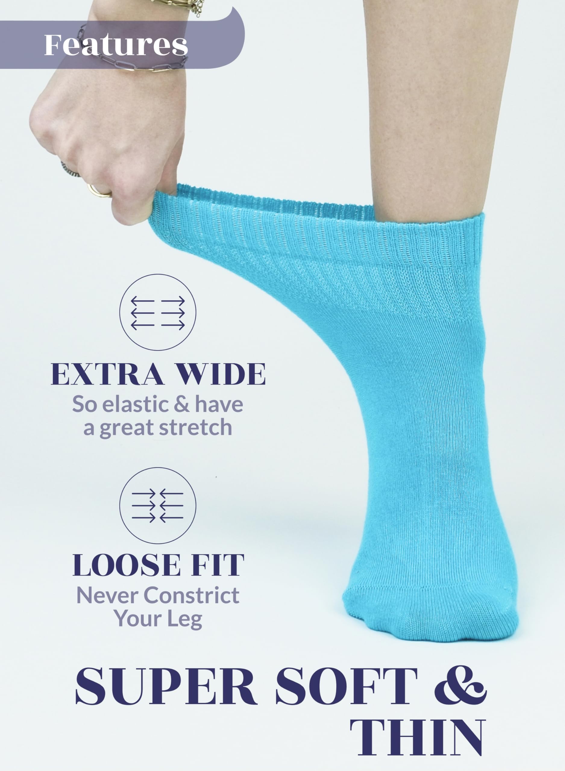 Hugh Ugoli Women Diabetic Ankle Socks, Super Soft & Thin Bamboo Socks, Wide & Loose, Non-Binding Top & Seamless Toe, 4 Pairs, Bl