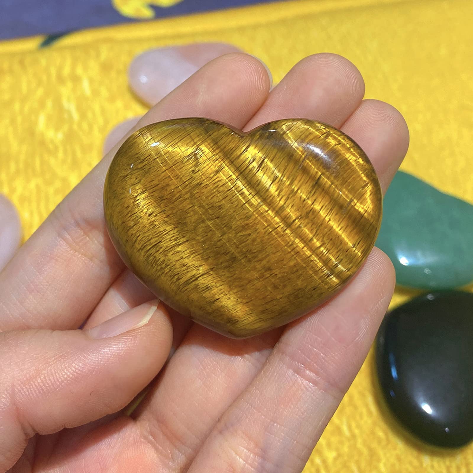 QINJIEJIE 1.8'' Large Heart Crystal Love Stone Tigers Eye Smooth Gua Sha Healing Crystals Decor Meditation Yoga Worry Stones Gem