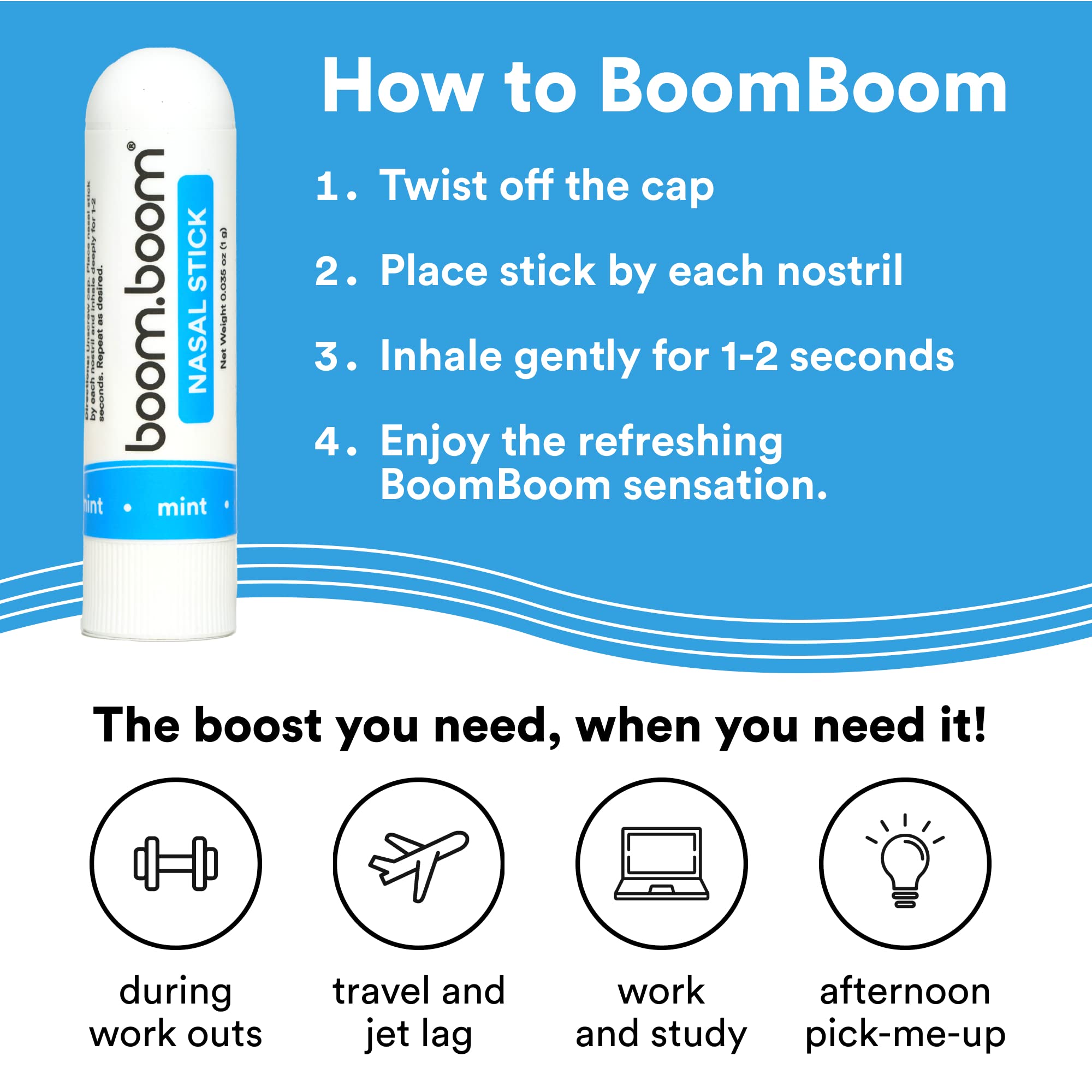 BoomBoom Nasal Stick (4 Pack) | Boosts Focus + Enhances Breathing | Provides Fresh Cooling Sensation | Aromatherapy Inhaler Made
