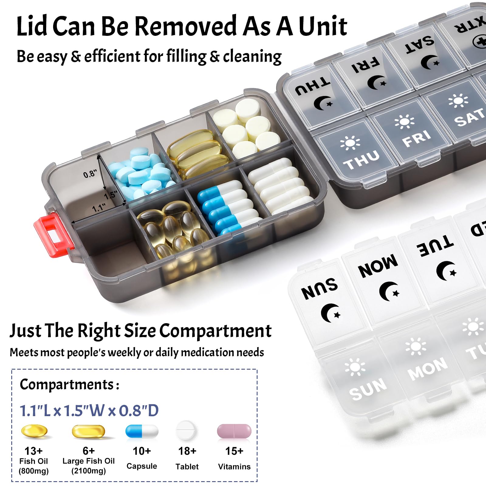 Foldable Weekly Pill Organizer 2 Times a Day with 2 Extra Compartments (Clear Printed Labels) - 7 Day AM PM Medicine Box, Week D
