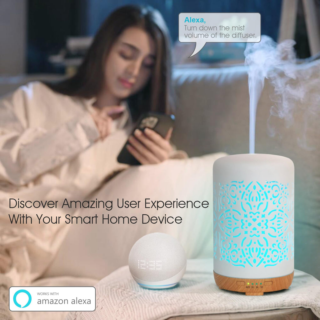 Earnest Living Smart Wifi Essential Oil Diffuser White Ceramic Diffuser 250 ml with Alexa Google Home App Phone Control LED and