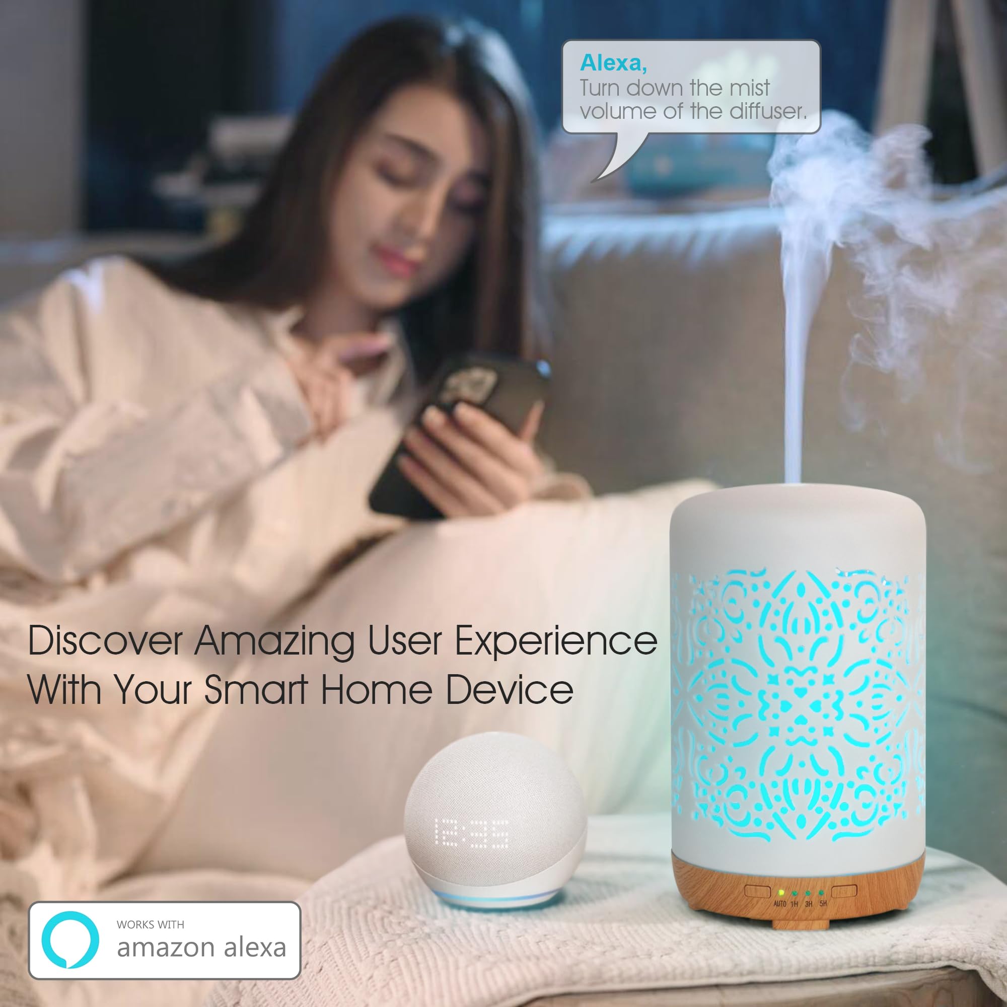 Earnest Living Smart Wifi Essential Oil Diffuser White Ceramic Diffuser 250 ml with Alexa Google Home App Phone Control LED and