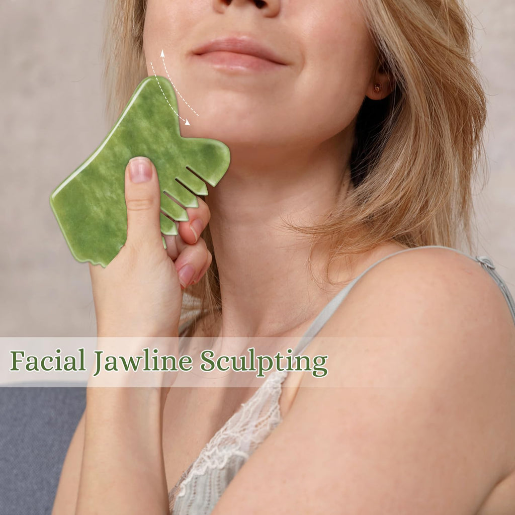 LEOSENSE Gua Sha Comb, Natural White Jade Stone Scalp Massage Comb, Facial GuaSha Tool for Lift and Puffiness, Jade Gua Sha Scra