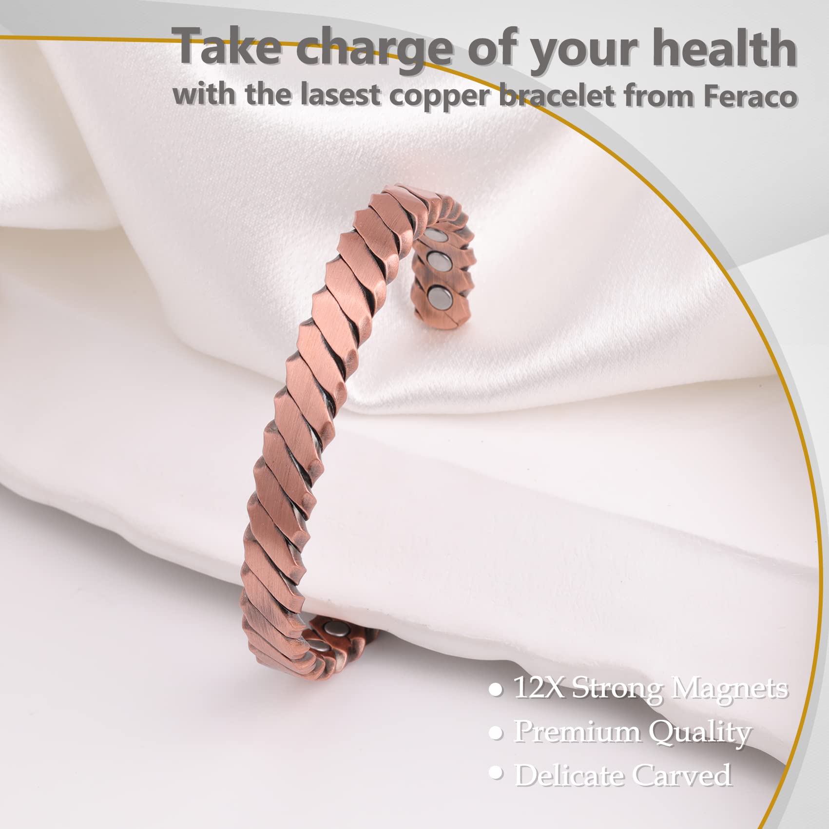 Feraco Copper Bracelets for Men, 12X Strength Pure Copper Magnetic Bracelet for Men with Neodymium Magnets, Adjustable Cuff Bang