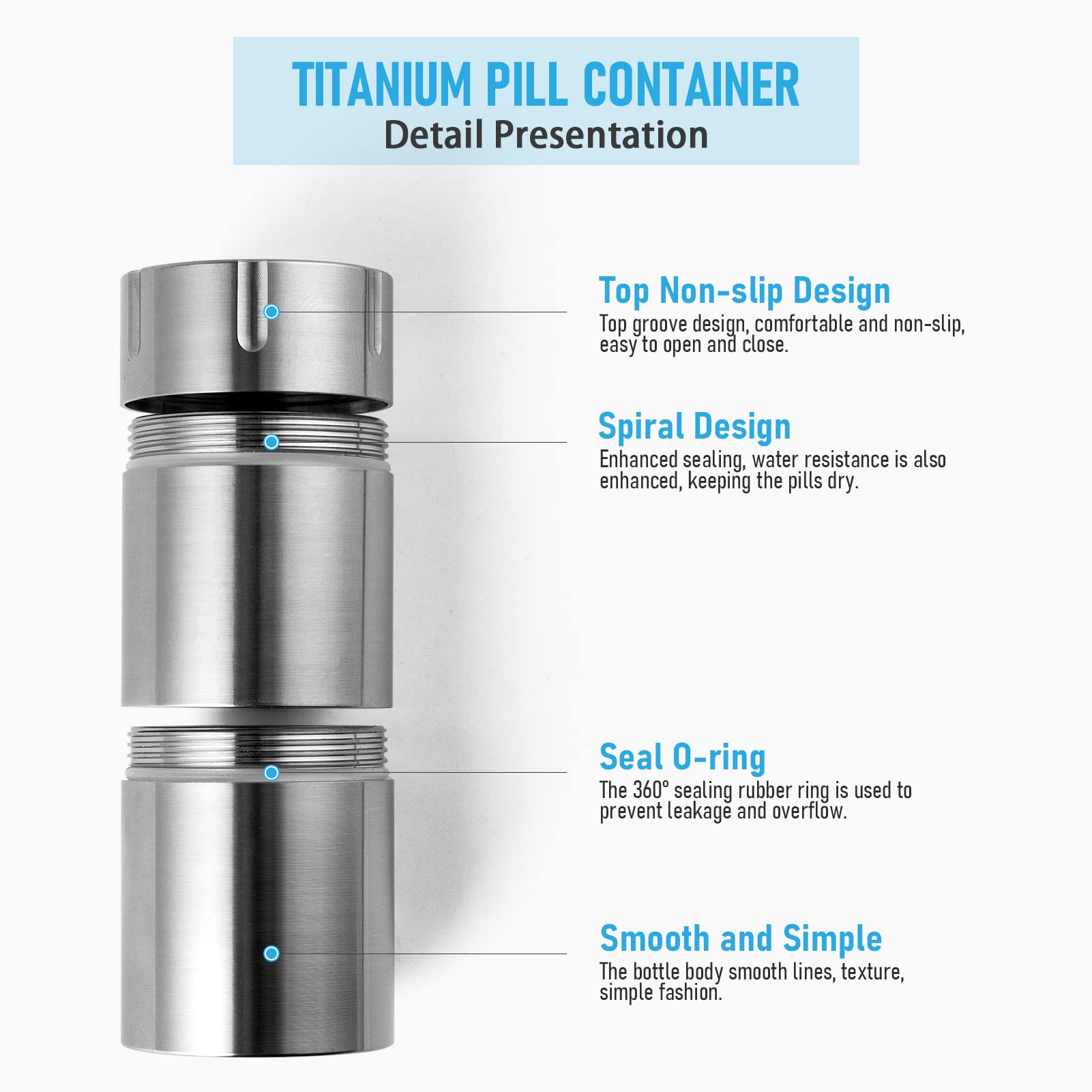 TISUR Pill Case, Titanium Keychain Pill Holder, 2 Compartments Small Metal Pill Box Tiny Waterproof Pill Bottle Pocket Portable