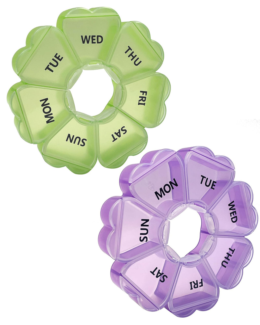 Large Weekly Pill Organizer,7 Day Cute Heart Pill Organizer,Weekly Container for Fish Oil/Medicine/Supplements (Green2+Purple2)