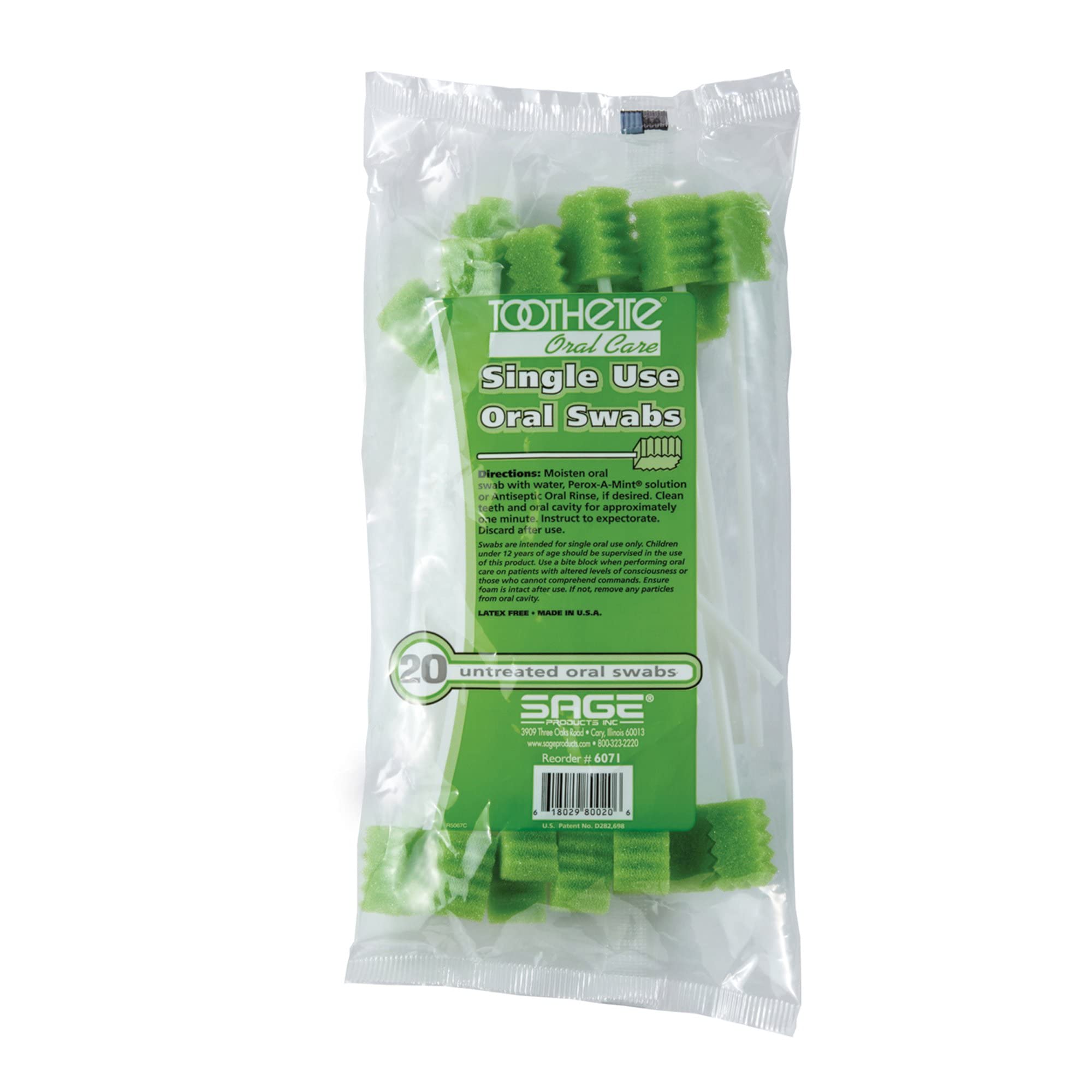 Stryker - Sage Toothette Plus Single Use Oral Swabs - Without Sodium Bicarbonate - Unflavored - Bag of 20 Swabs - Disposable Den