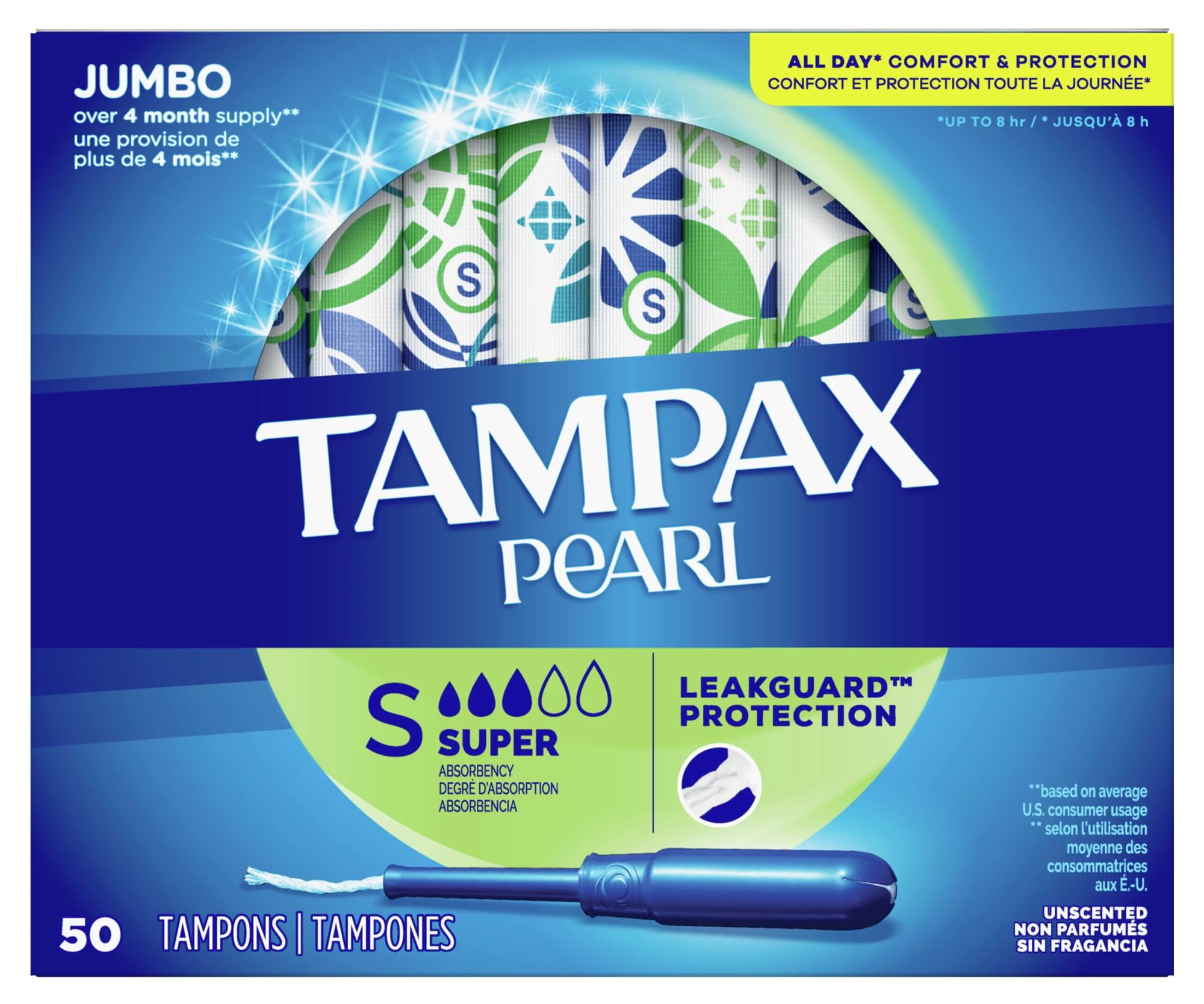 Tampax Pearl Tampons with Plastic Applicator, Super Absorbency, 200 Count, Unscented (50 Count, Pack of 4 - 200 Count Total)