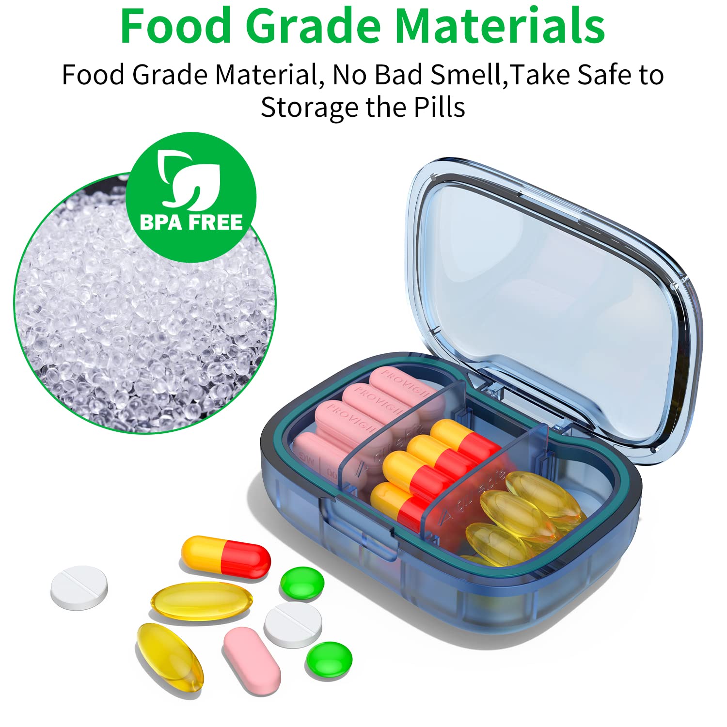 2 Pack 3 Compartment Small Pill Box, Moisture Proof Pill Case, Travel Pill Organizer for Pocket Purse, Daily Portable Medicine V
