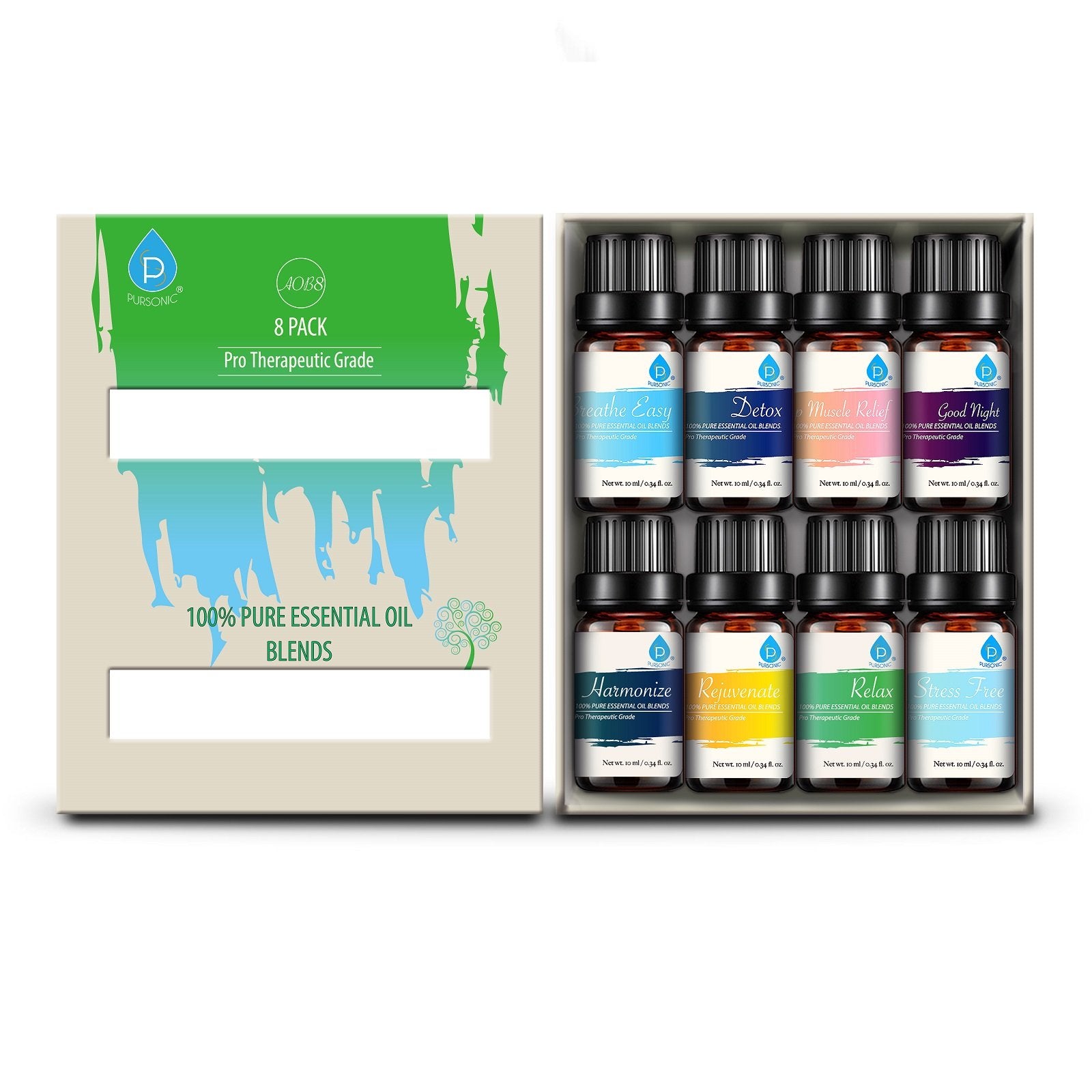 Pursonic Blends of 100% Pure Essential Aromatherapy Oils Gift Set-8 Pack , 10ML